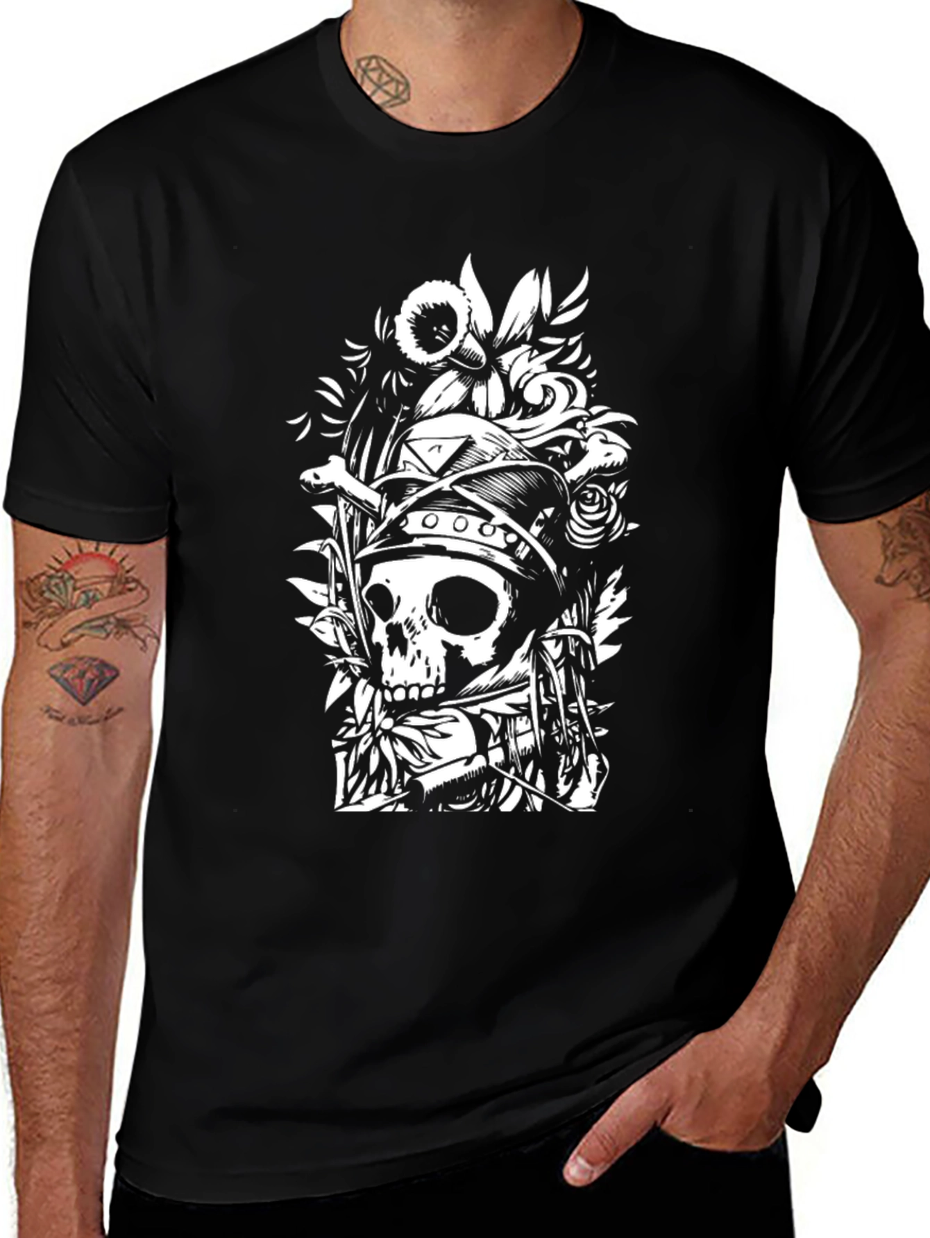 Skull & Floral Graphic Black T-Shirt