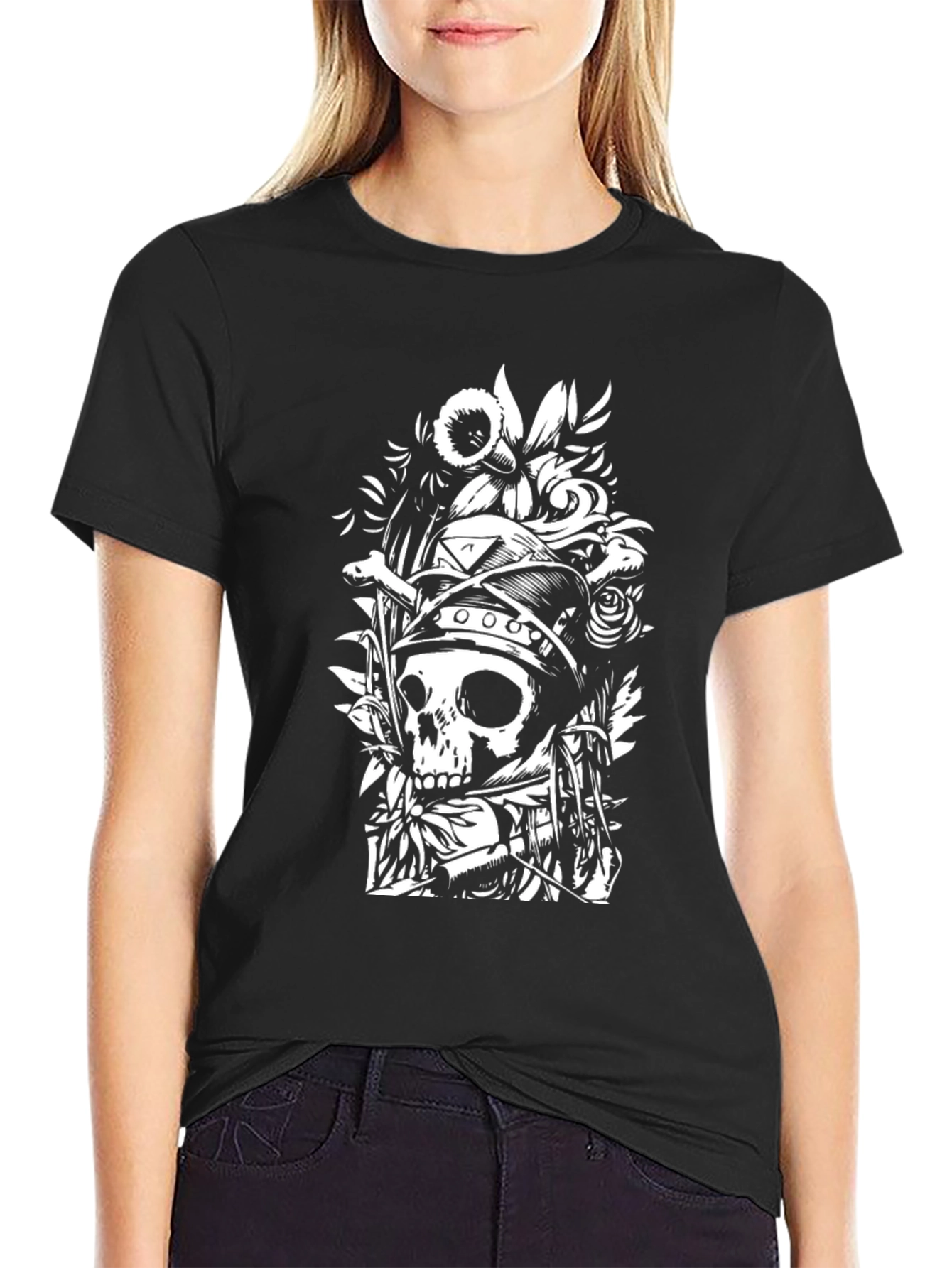 Skull & Floral Graphic Black T-Shirt