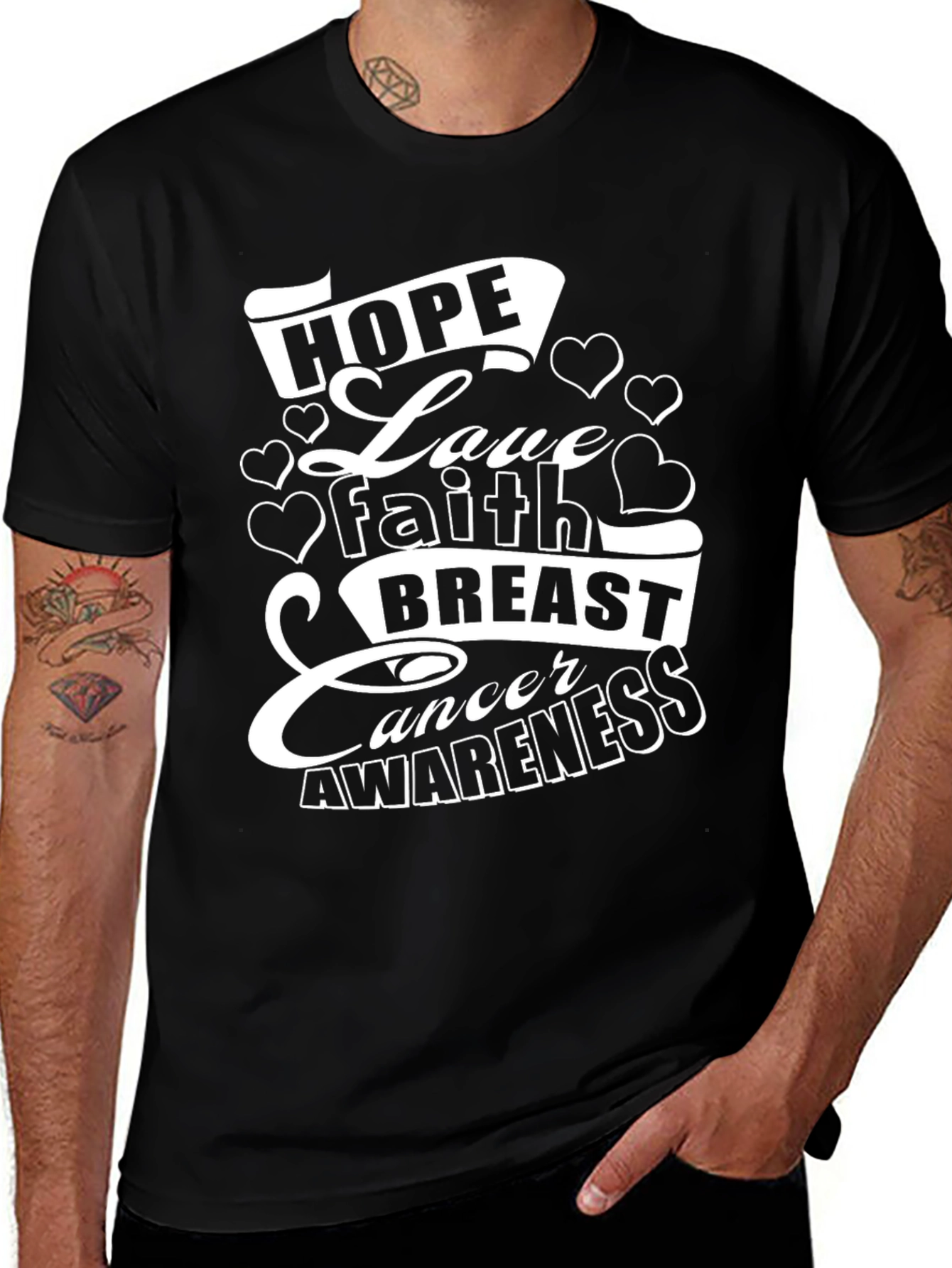 Hope Love Faith Breast Cancer Awareness Black T-Shirt