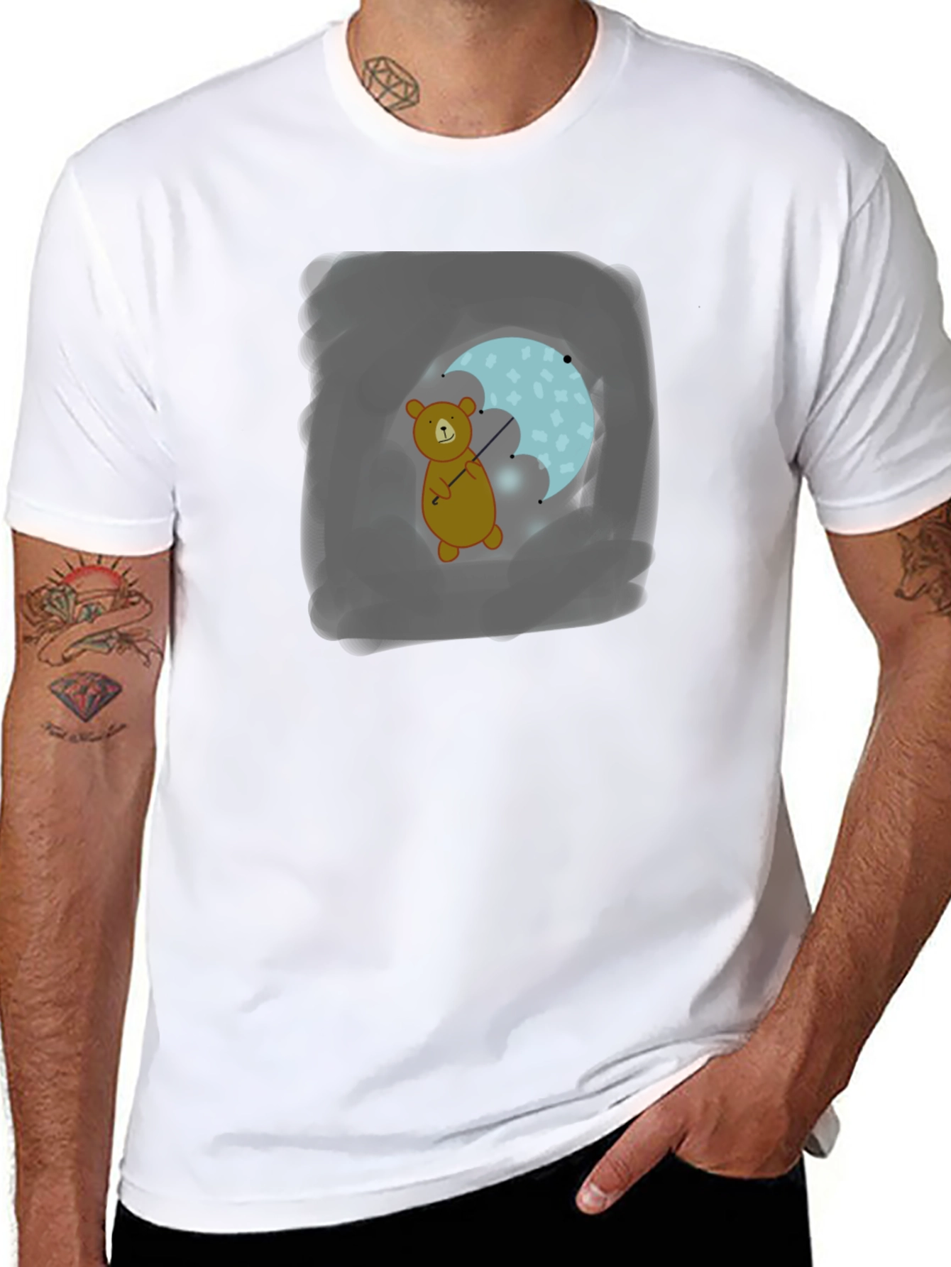Bear with Umbrella Black T-Shirt