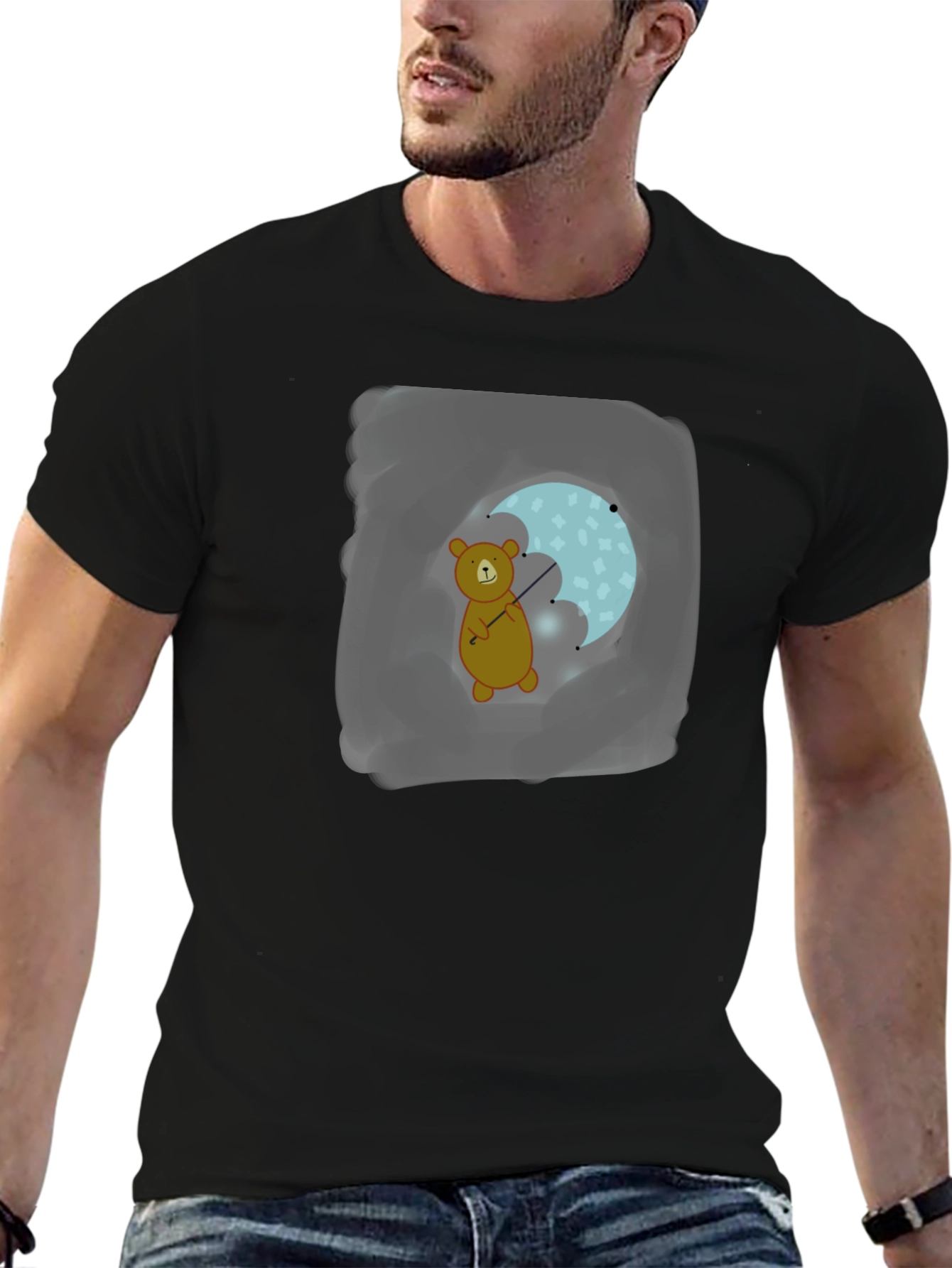 Bear with Umbrella Black T-Shirt