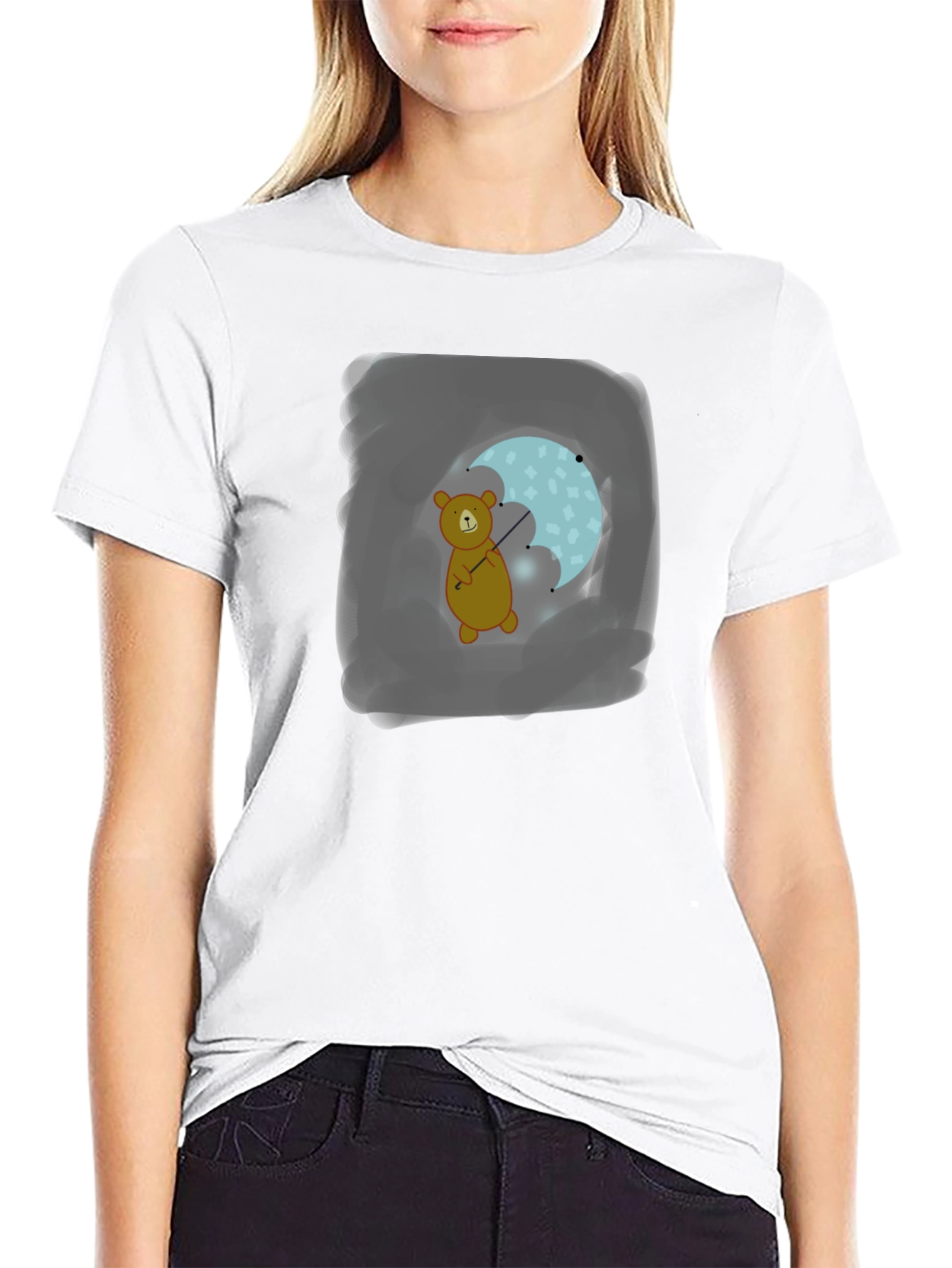 Bear with Umbrella Black T-Shirt