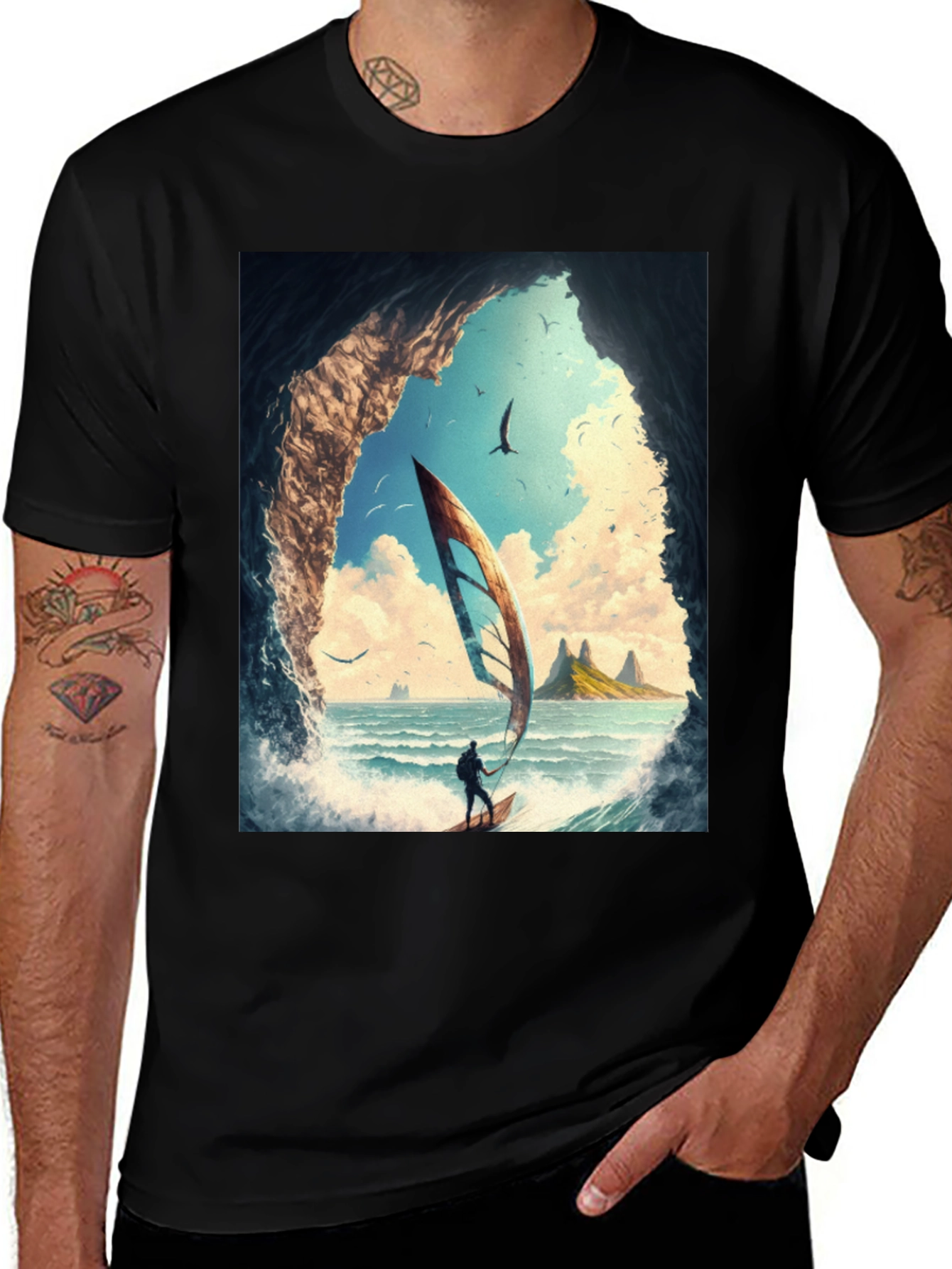 Windsurf Cave View Graphic Tee - Black Casual T-Shirt