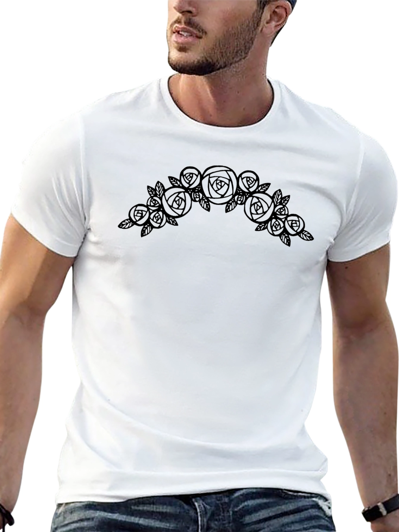 Black T-Shirt with Rose Floral Design