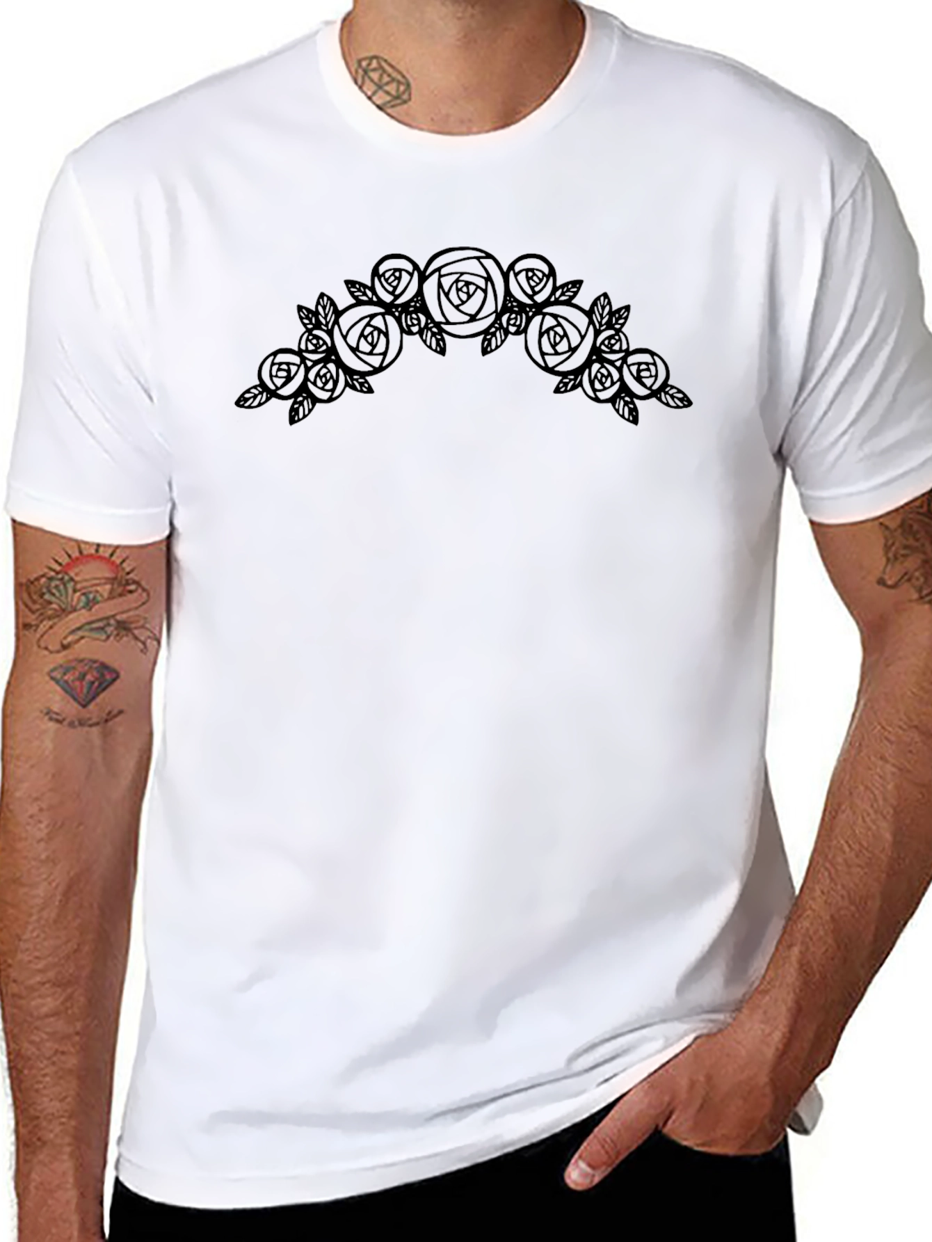 Black T-Shirt with Rose Floral Design