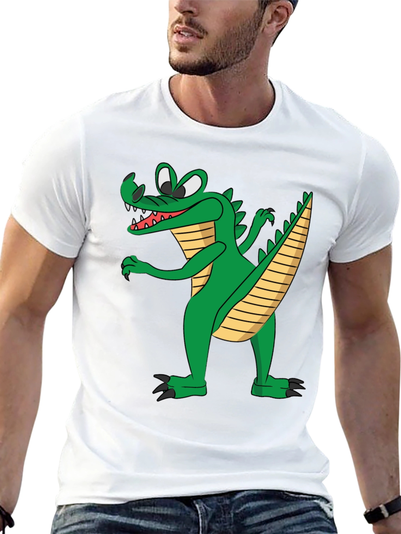 Cartoon Crocodile Graphic Tee - Black Cotton T-Shirt