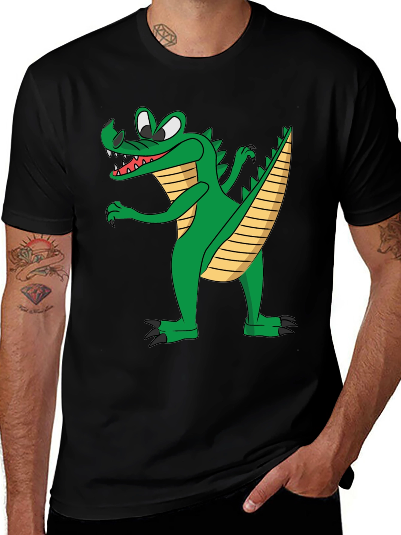 Cartoon Crocodile Graphic Tee - Black Cotton T-Shirt