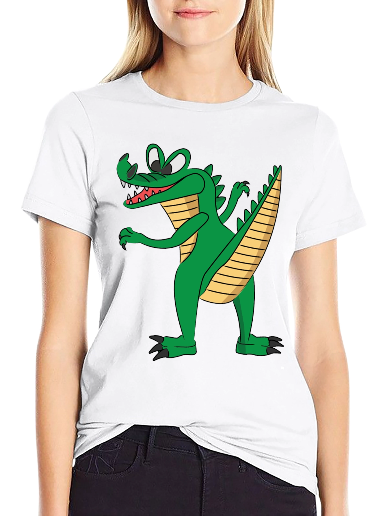 Cartoon Crocodile Graphic Tee - Black Cotton T-Shirt
