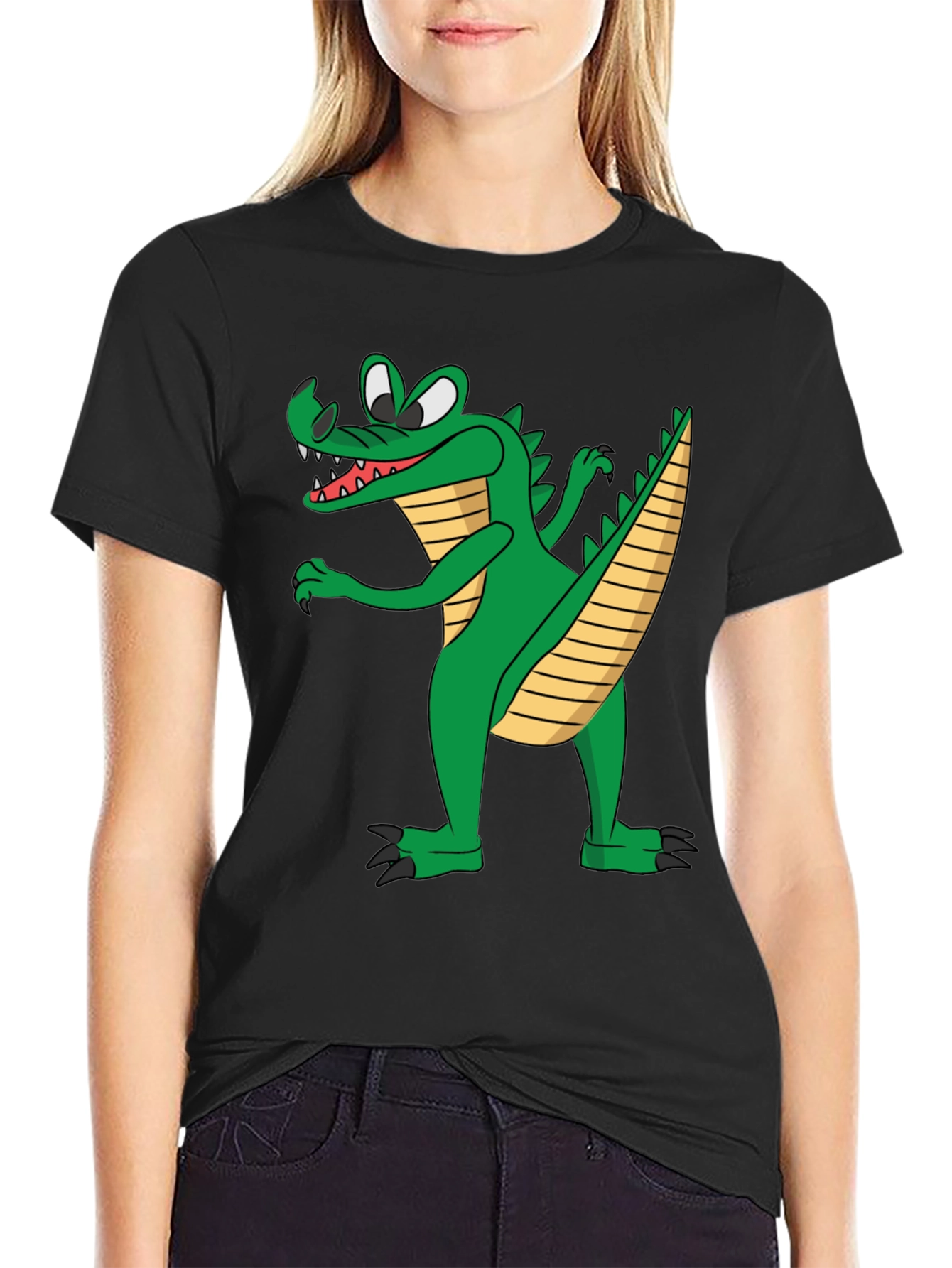 Cartoon Crocodile Graphic Tee - Black Cotton T-Shirt
