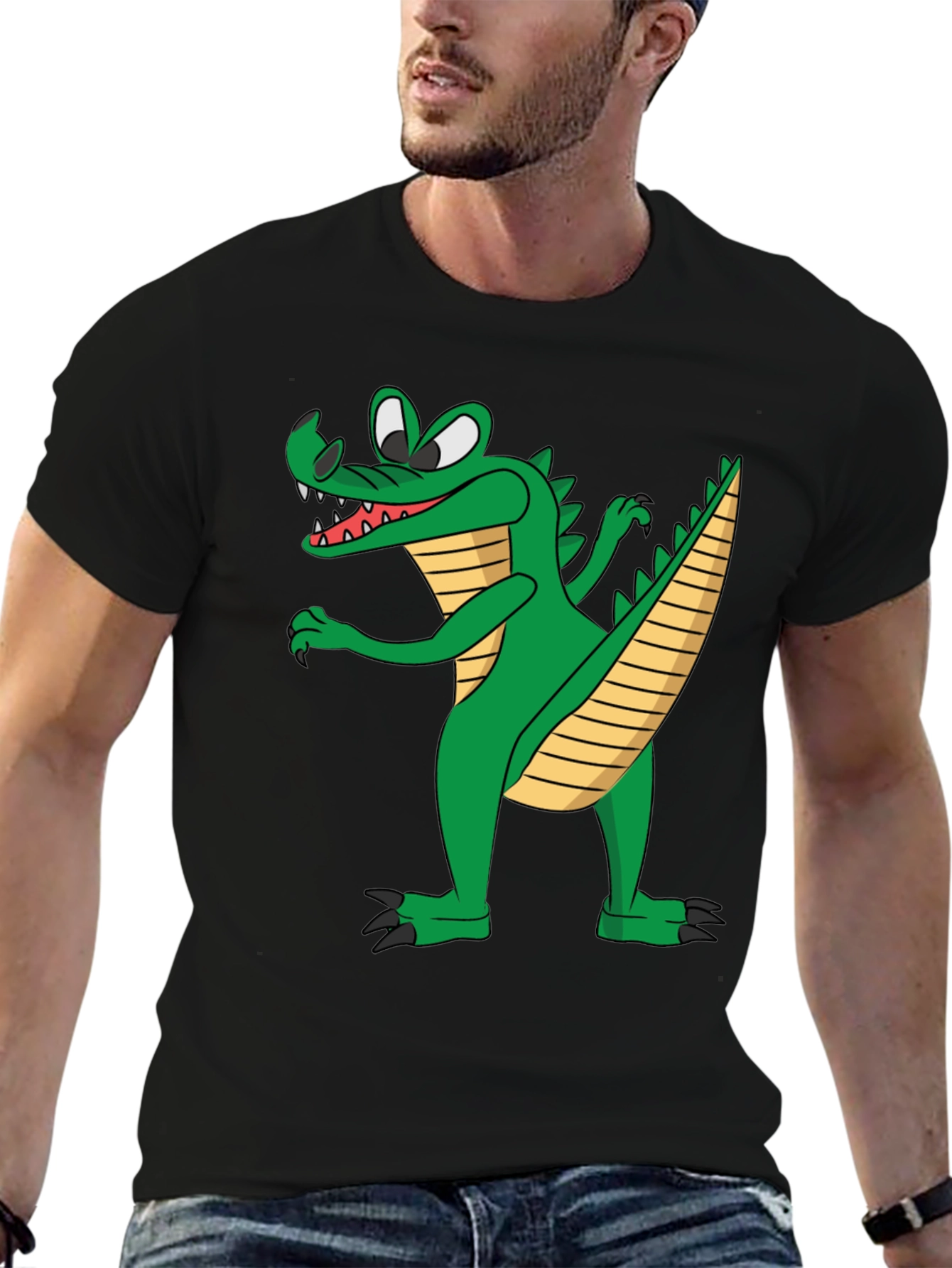 Cartoon Crocodile Graphic Tee - Black Cotton T-Shirt