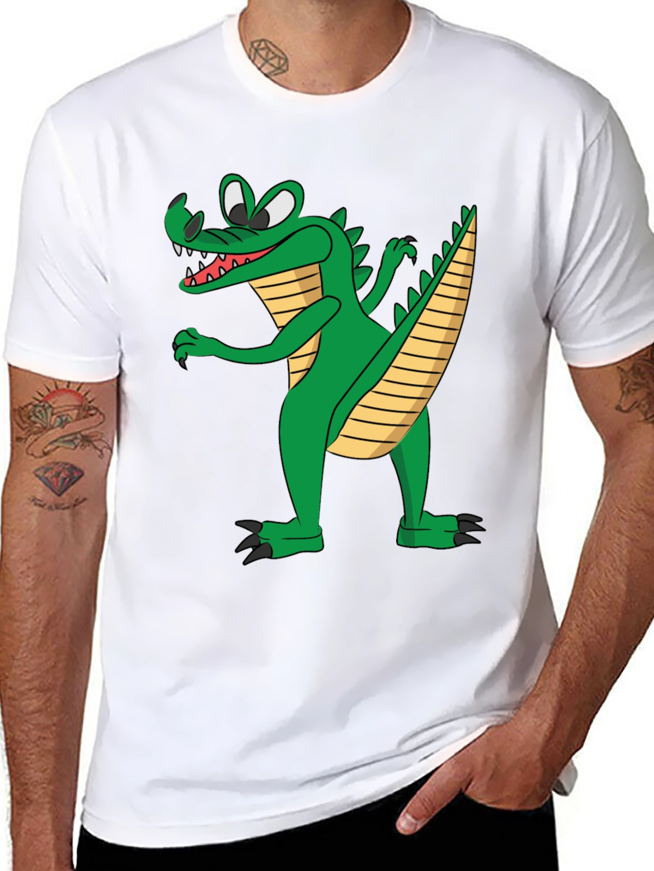 Cartoon Crocodile Graphic Tee - Black Cotton T-Shirt