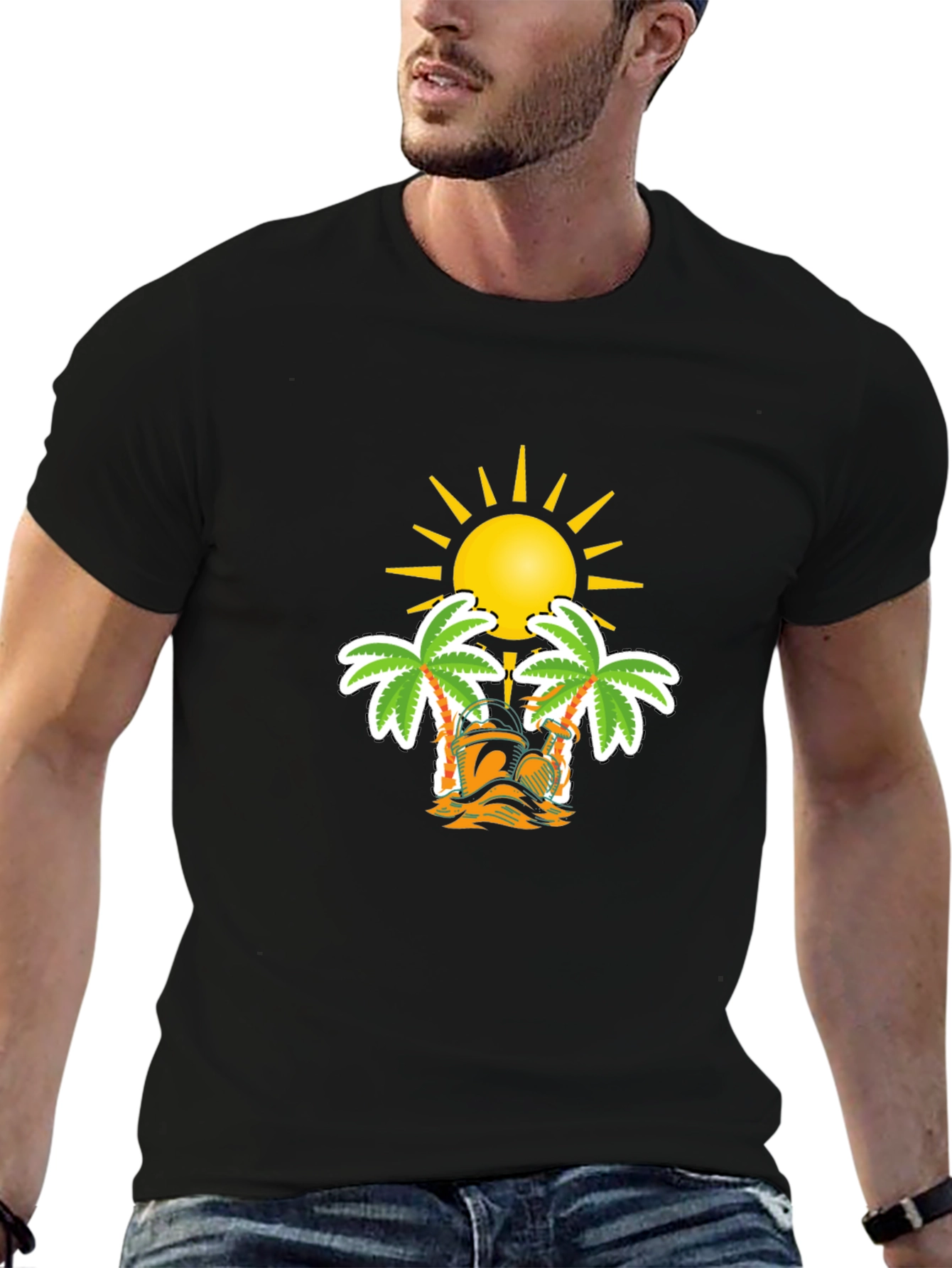 Tropical Sun & Palm Tree Graphic Black T-Shirt