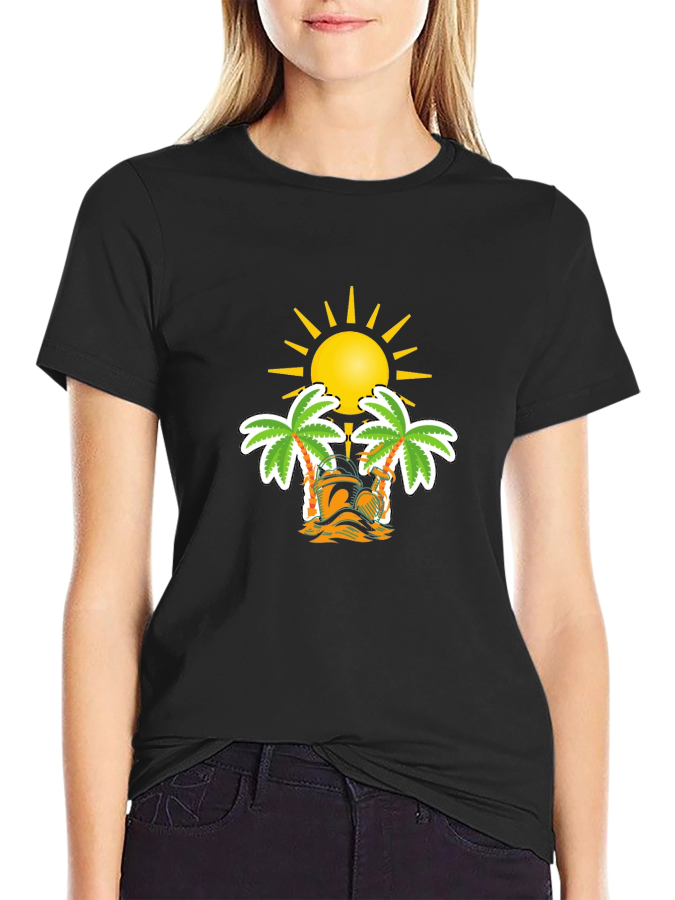 Tropical Sun & Palm Tree Graphic Black T-Shirt