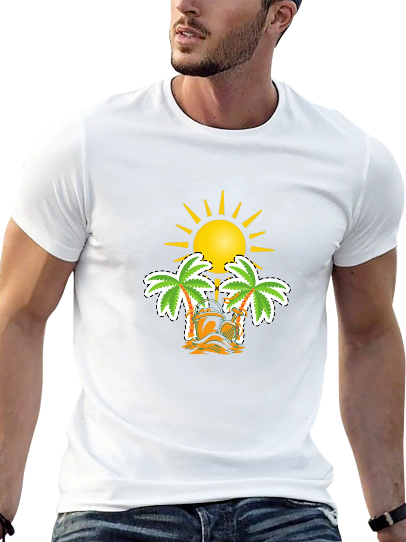 Tropical Sun & Palm Tree Graphic Black T-Shirt