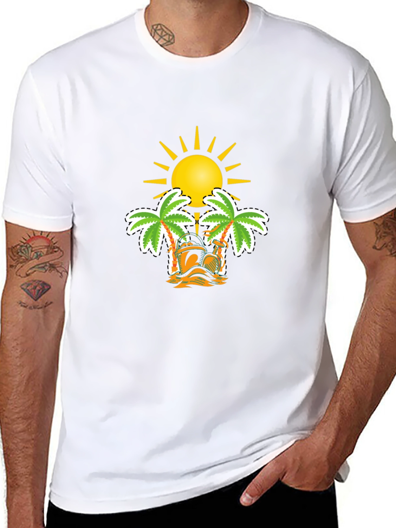 Tropical Sun & Palm Tree Graphic Black T-Shirt