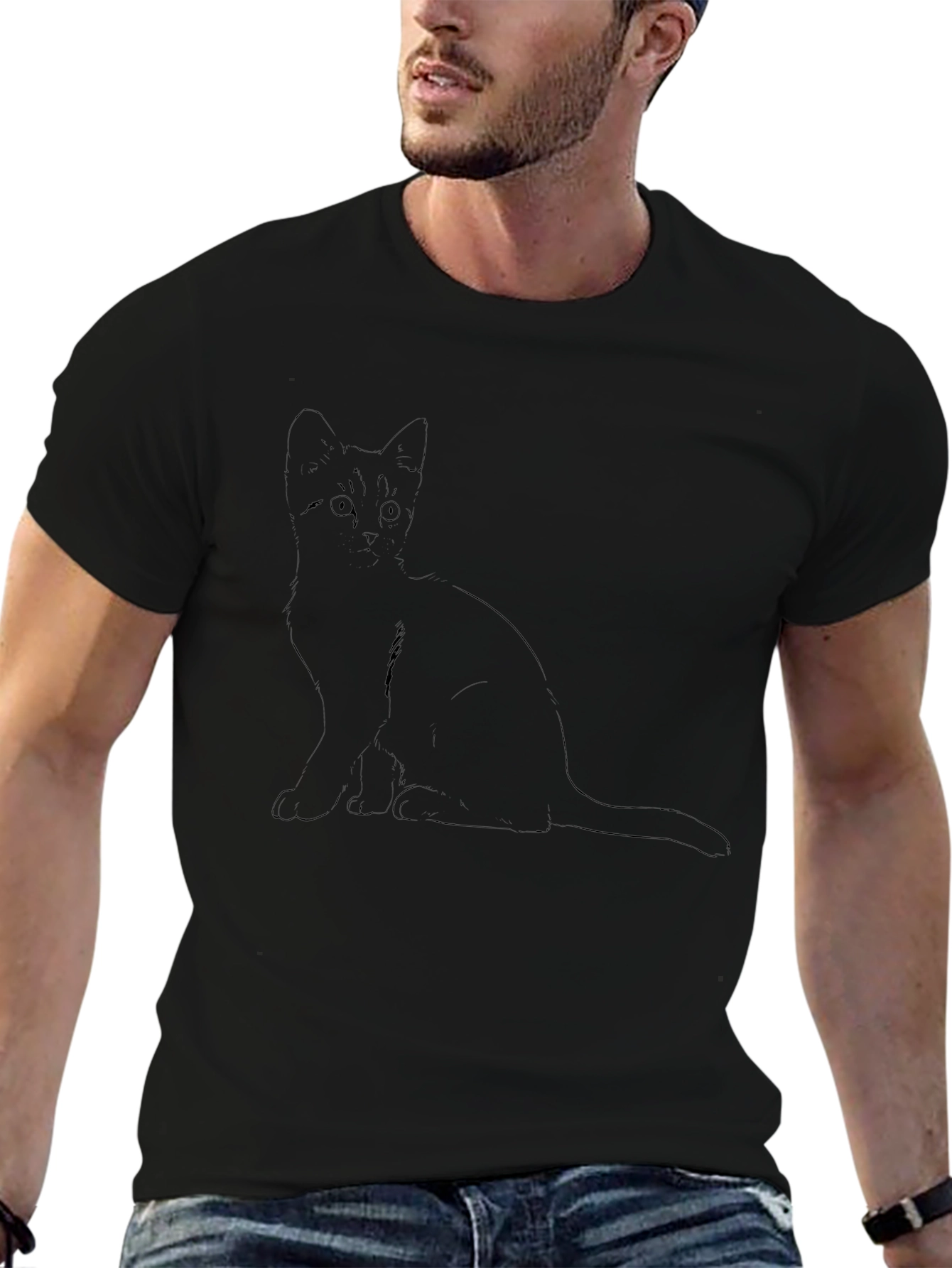Cat Outline Graphic Tee - Black
