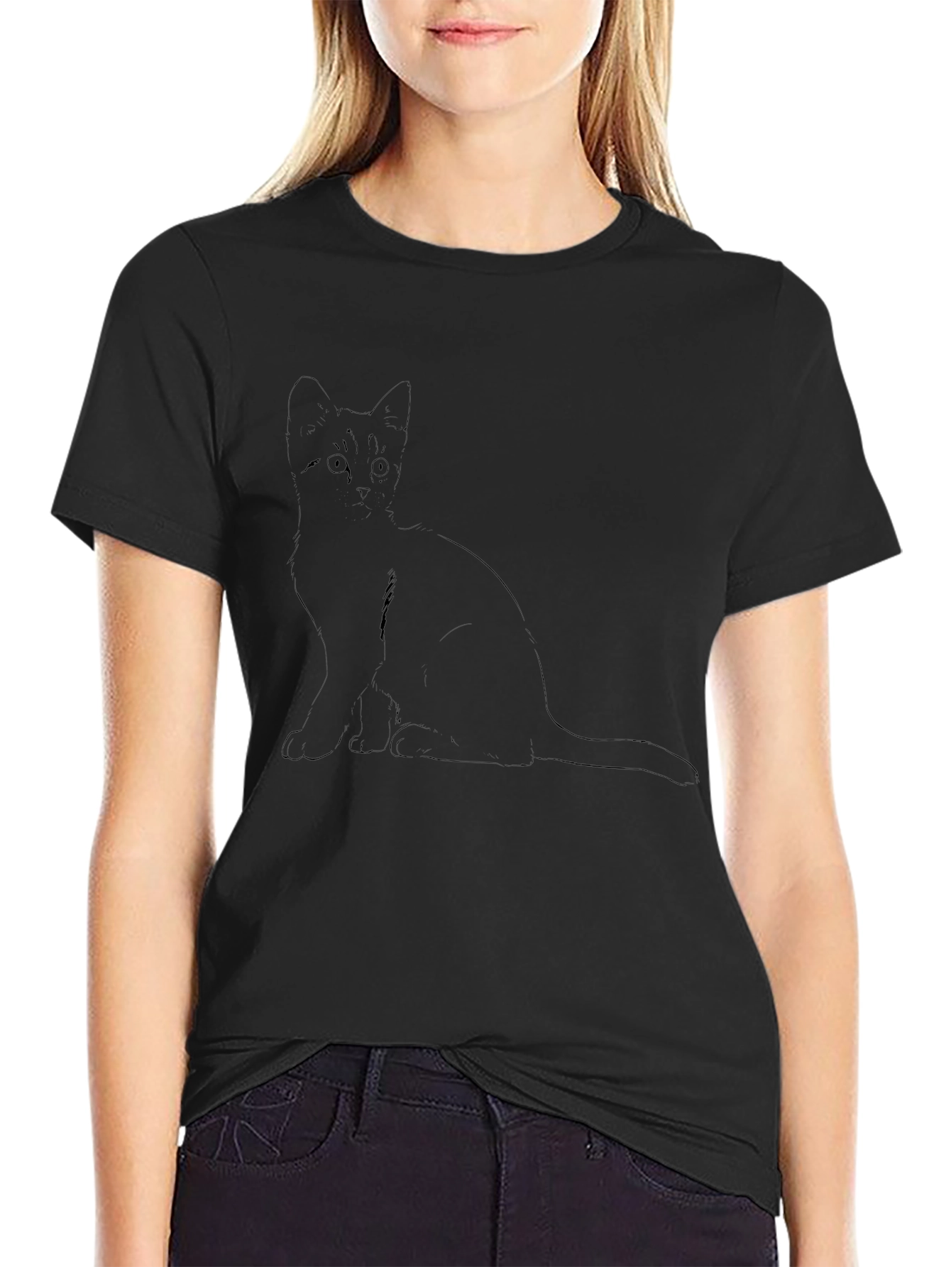 Cat Outline Graphic Tee - Black