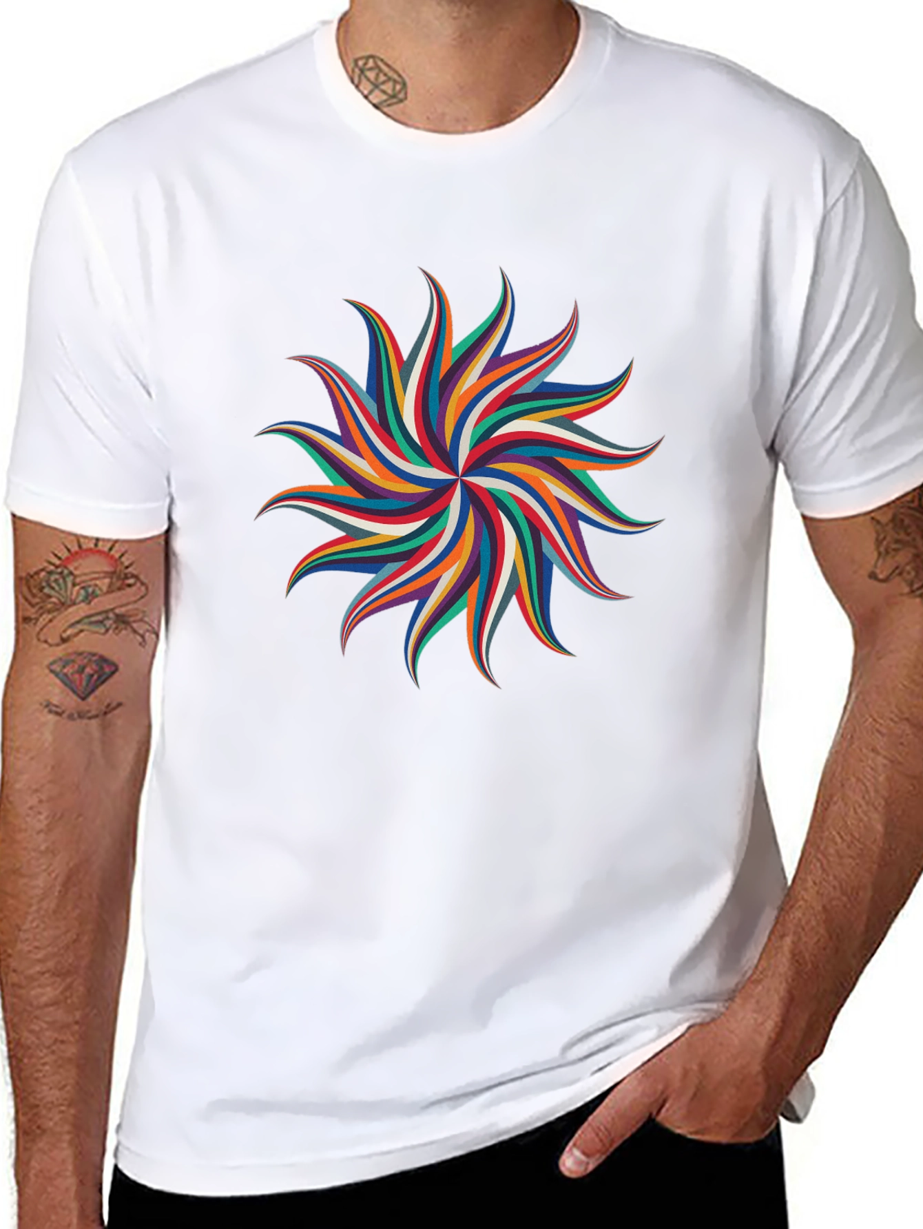 Abstract Geometric Rainbow Starburst Graphic Tee