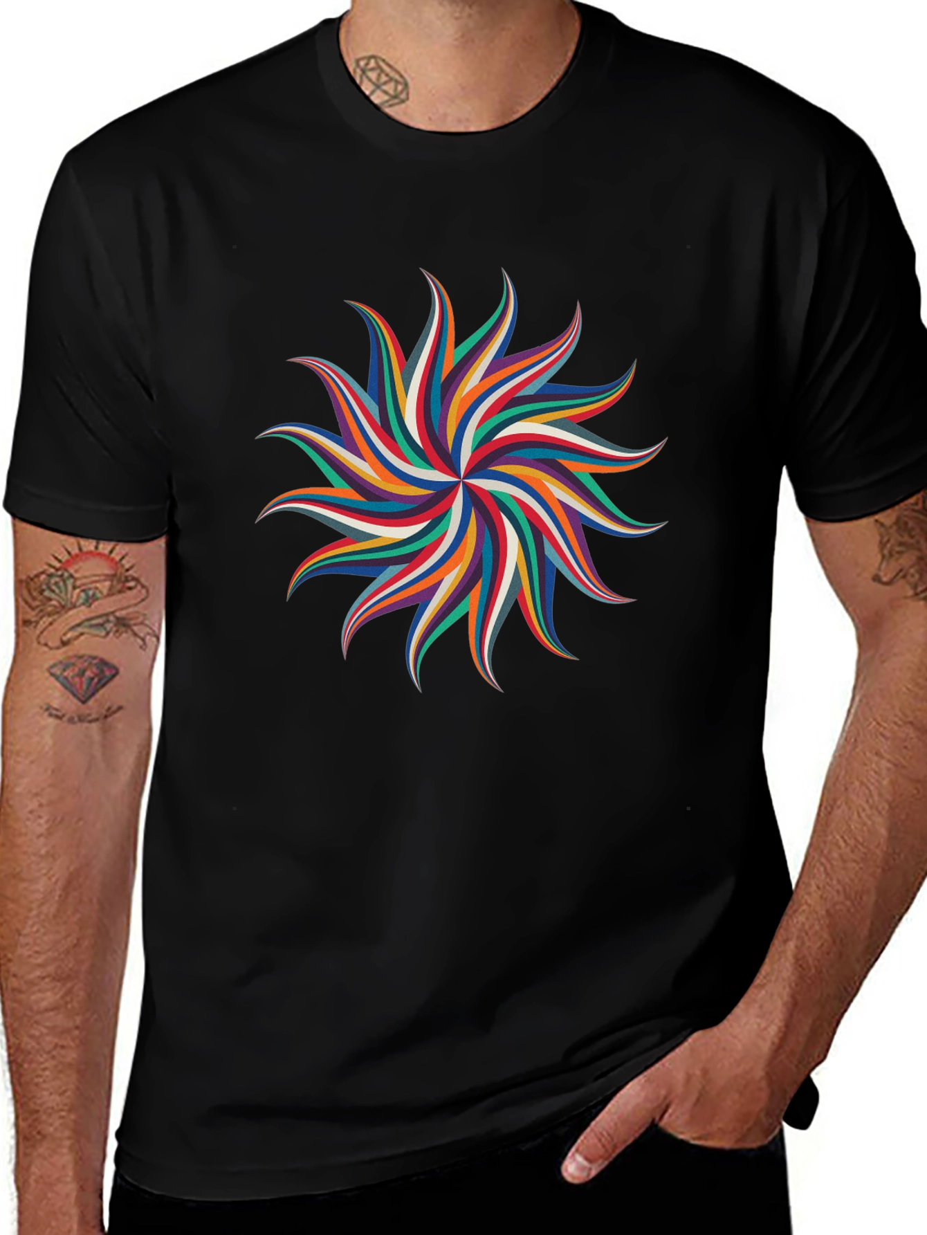 Abstract Geometric Rainbow Starburst Graphic Tee