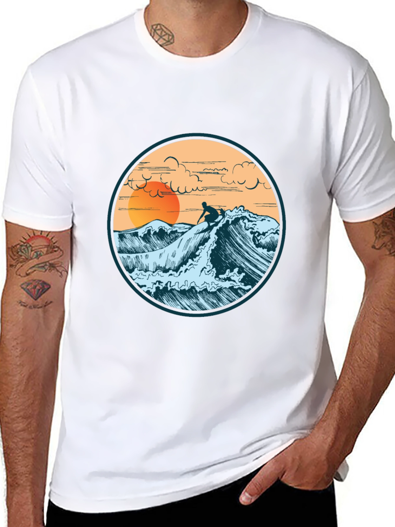 Surfer Graphic Tee - Sunset Wave Design