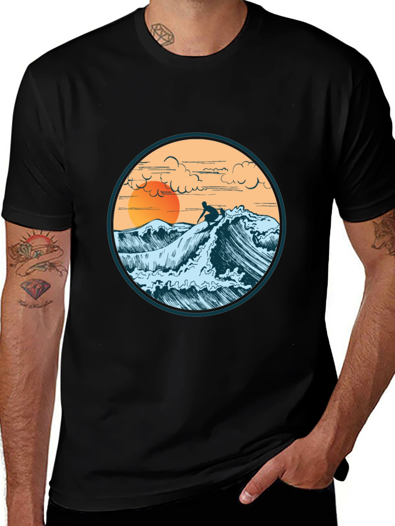 Surfer Graphic Tee - Sunset Wave Design