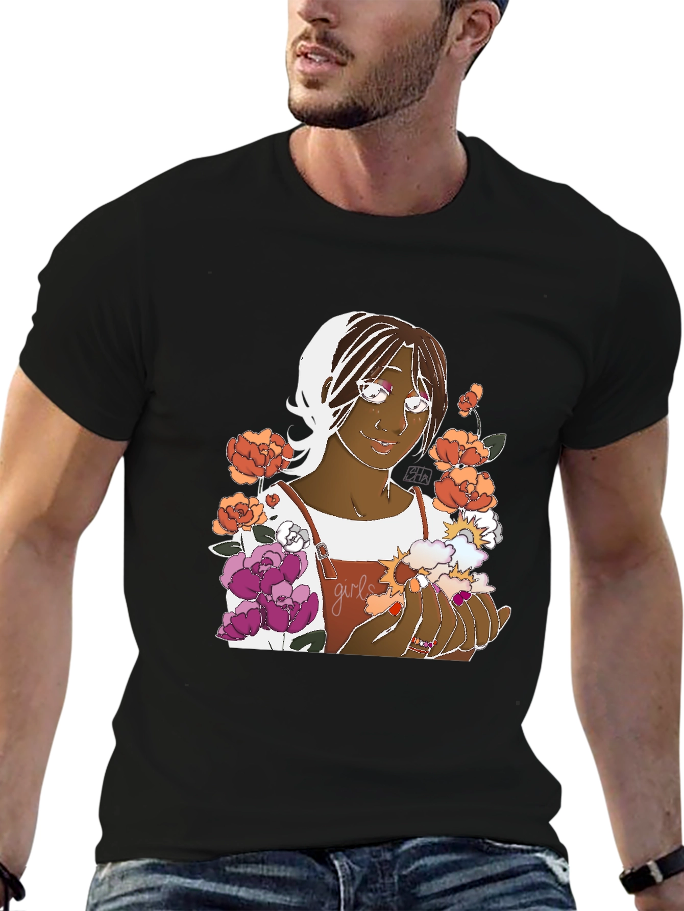 Floral Graphic Tee - Black Cotton Unisex