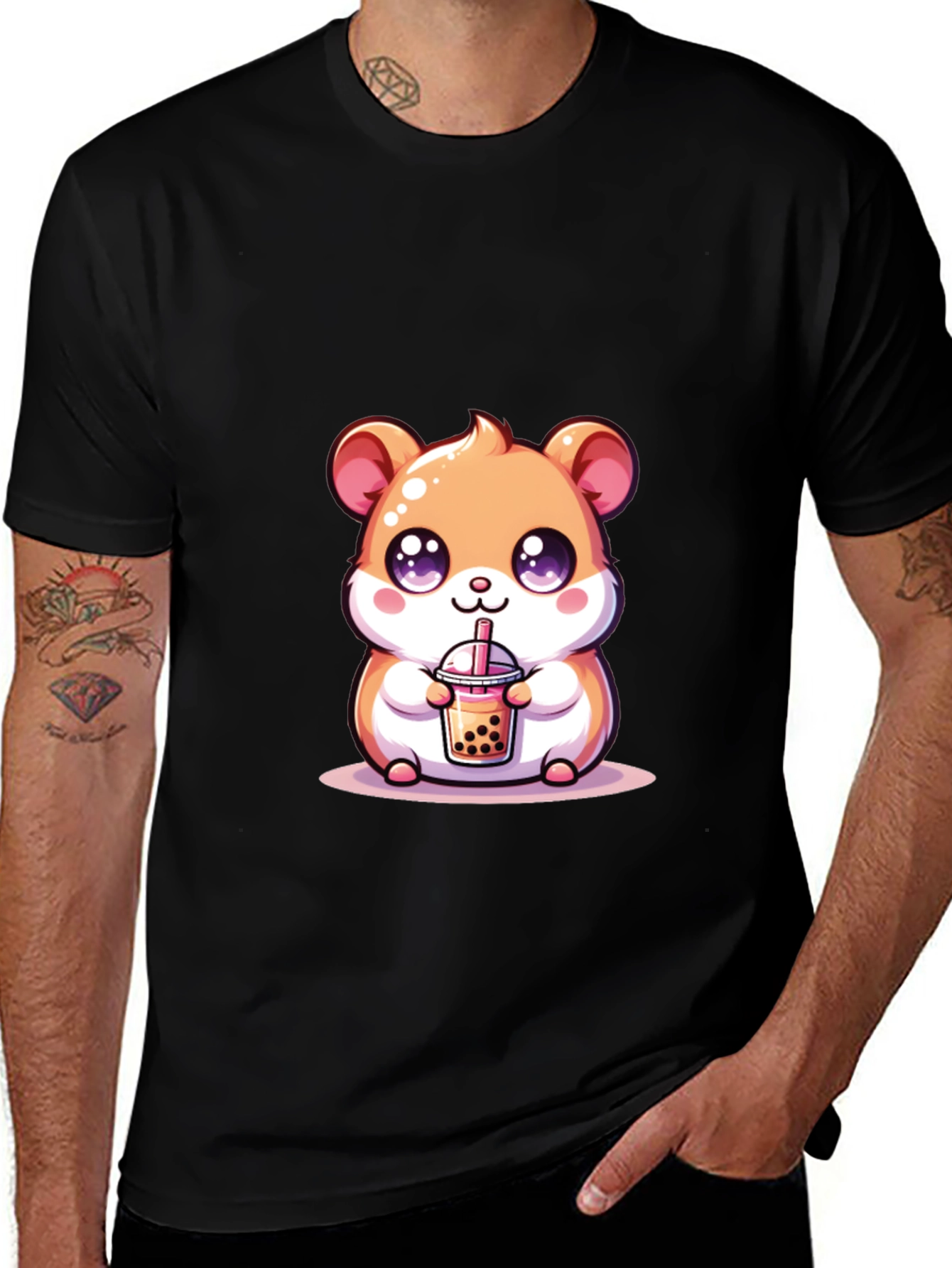 Cute Hamster Boba Tea Black T-Shirt