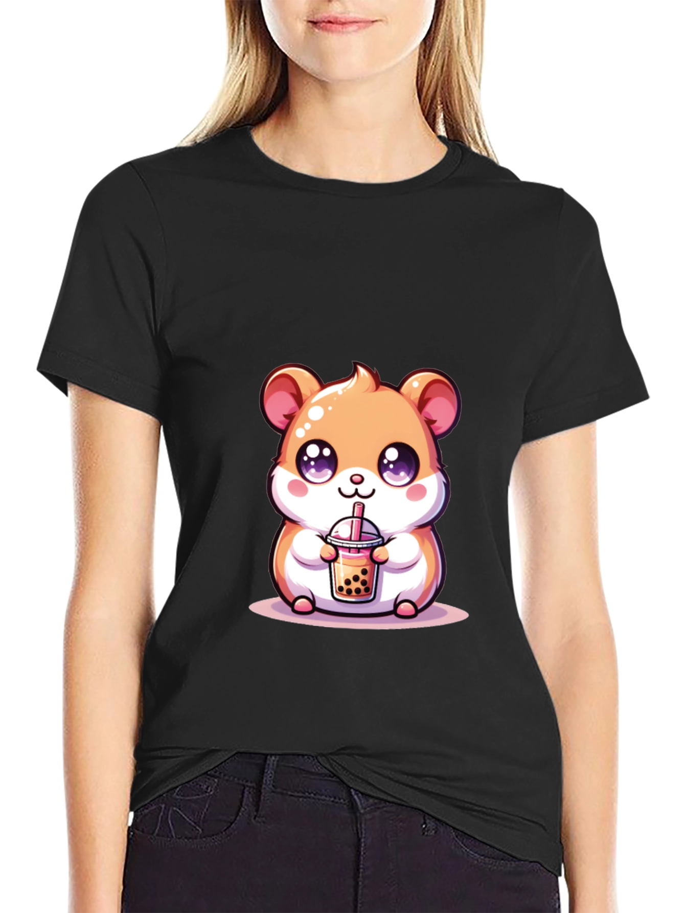 Cute Hamster Boba Tea Black T-Shirt
