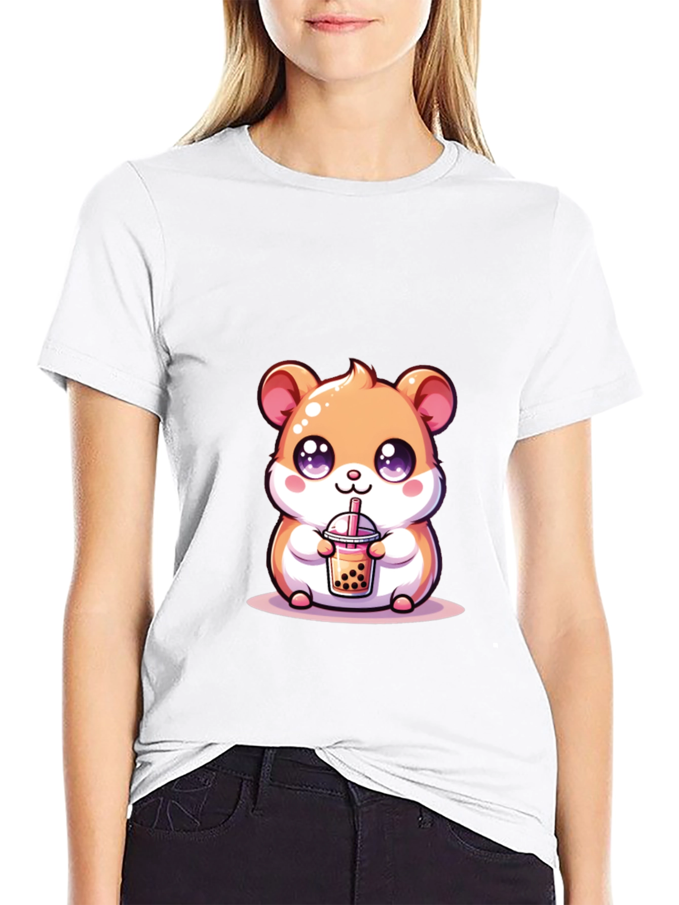 Cute Hamster Boba Tea Black T-Shirt
