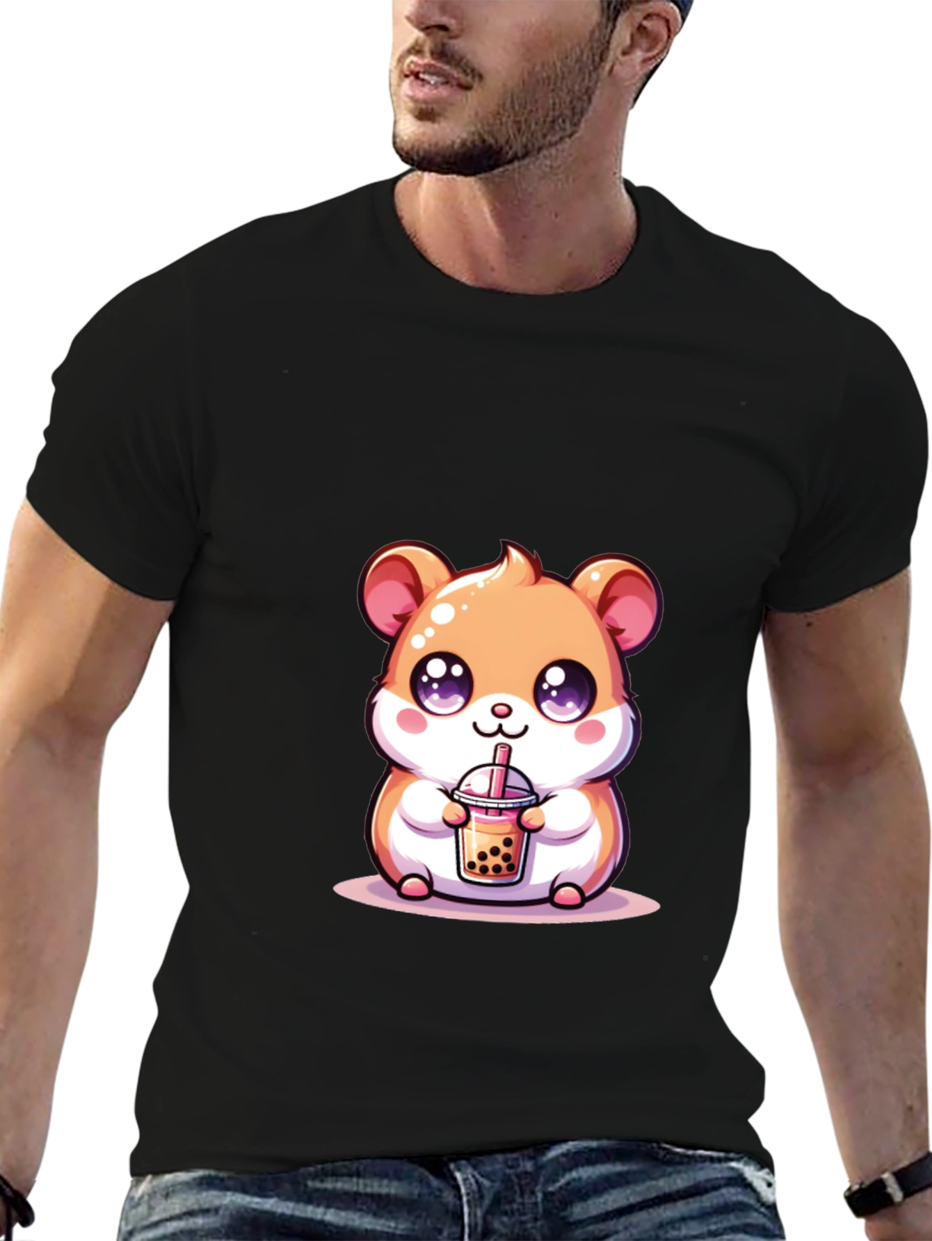 Cute Hamster Boba Tea Black T-Shirt