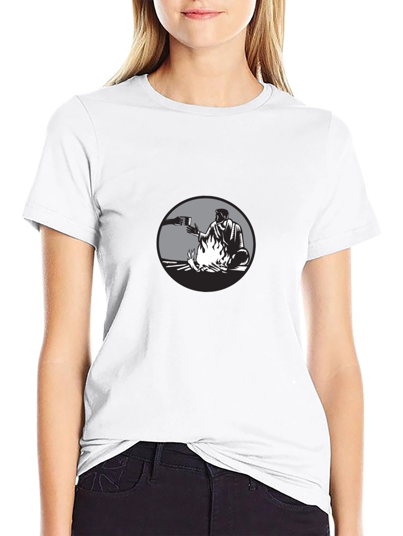 Man by Campfire Black T-Shirt