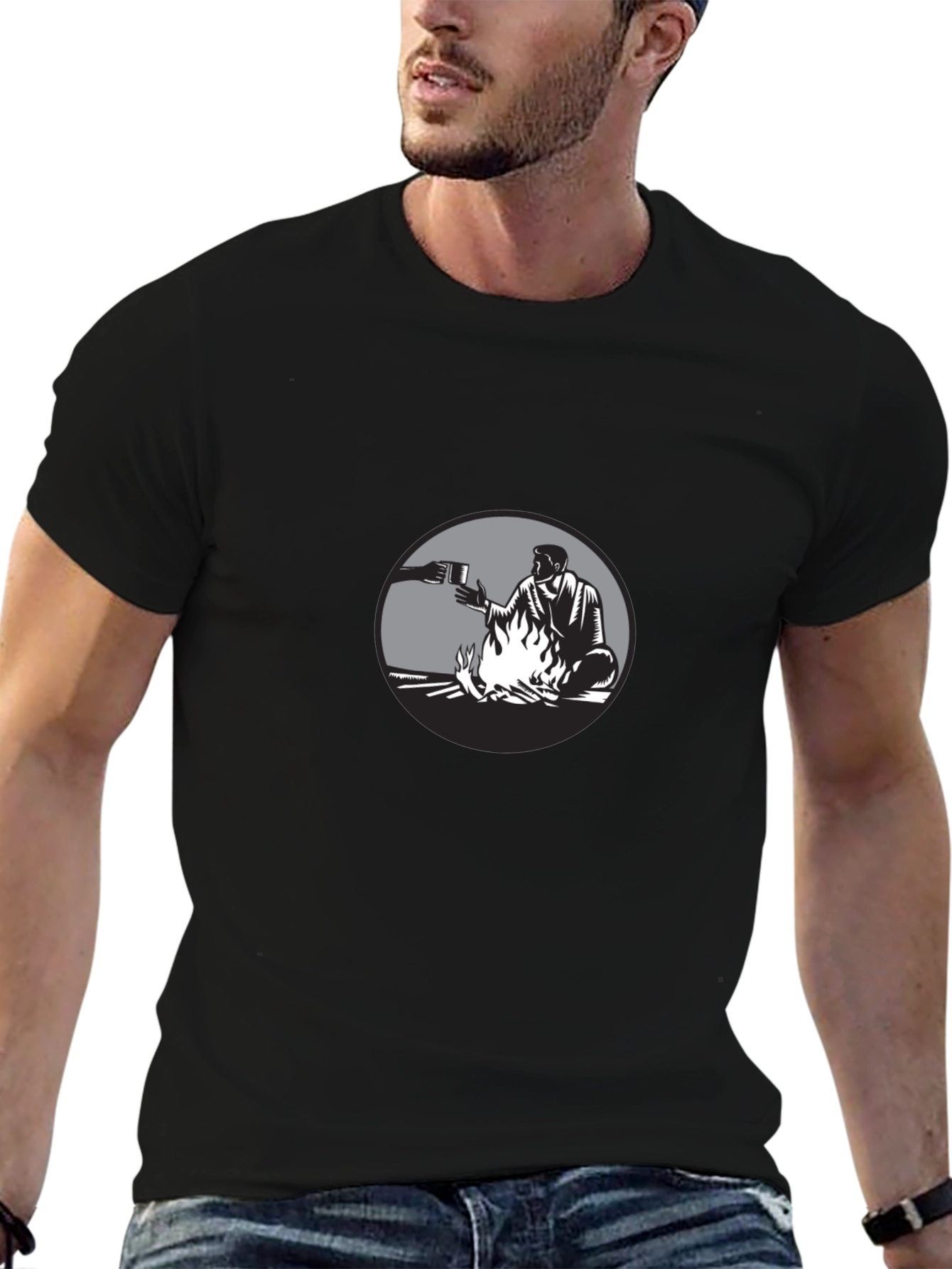 Man by Campfire Black T-Shirt