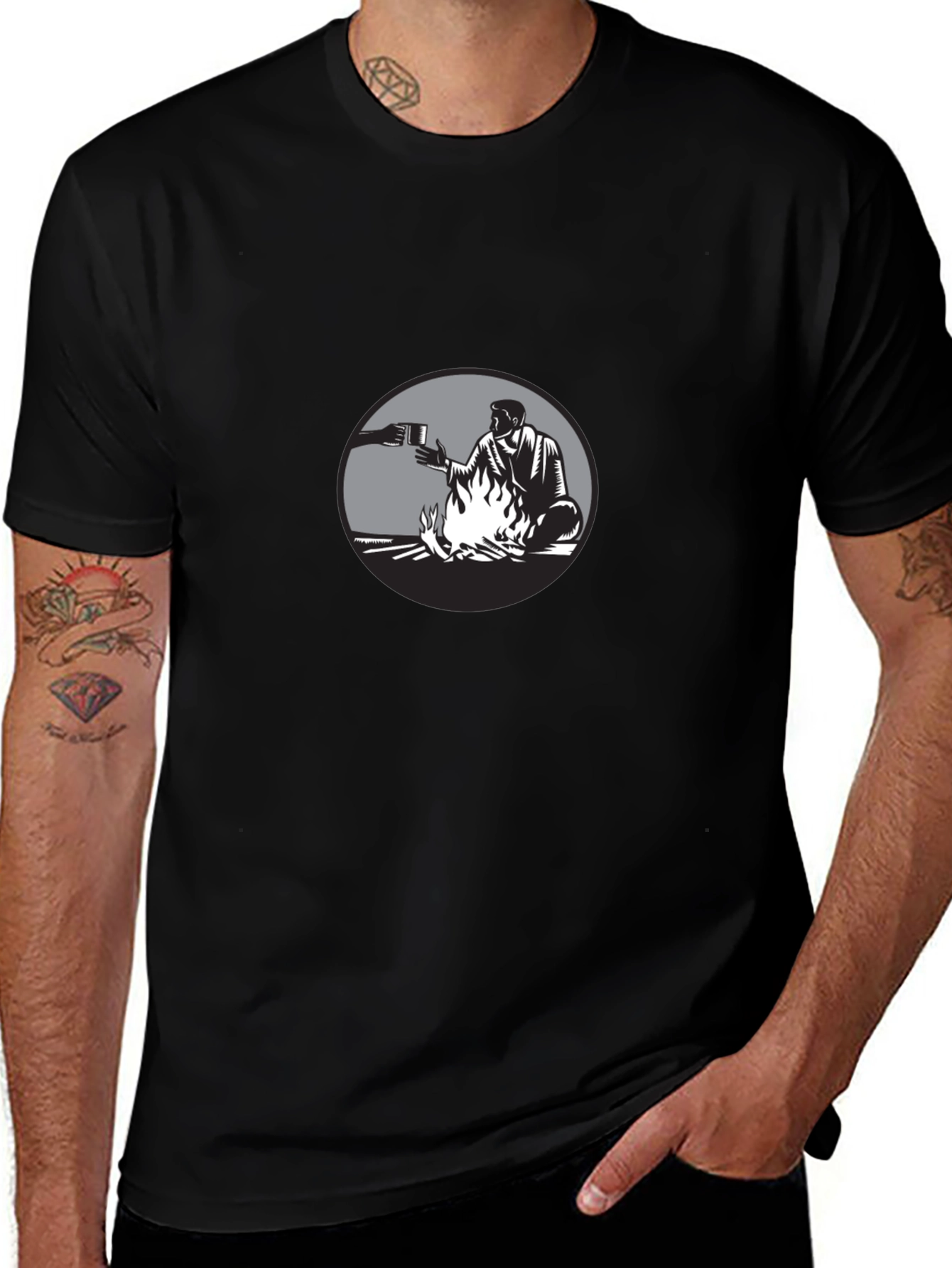 Man by Campfire Black T-Shirt