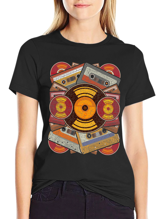 Retro Music T-Shirt: Vintage Cassette and Vinyl Record Design