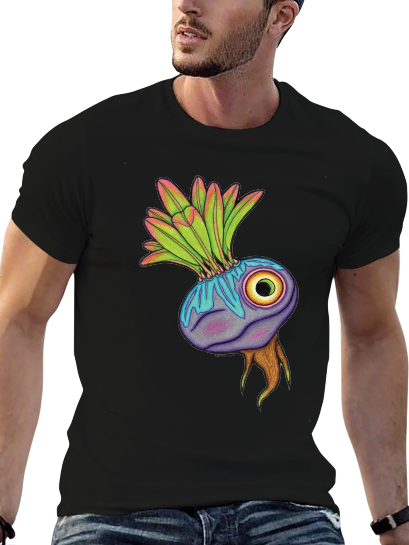 Unique Eye Plant Graphic Tee - Black Cotton Blend