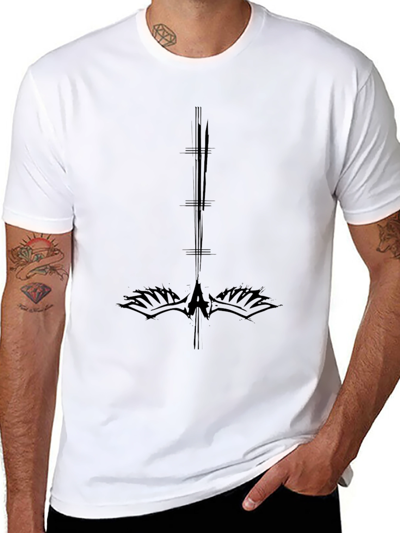 Mens Black Graphic Tee - Upside Down Cross Design