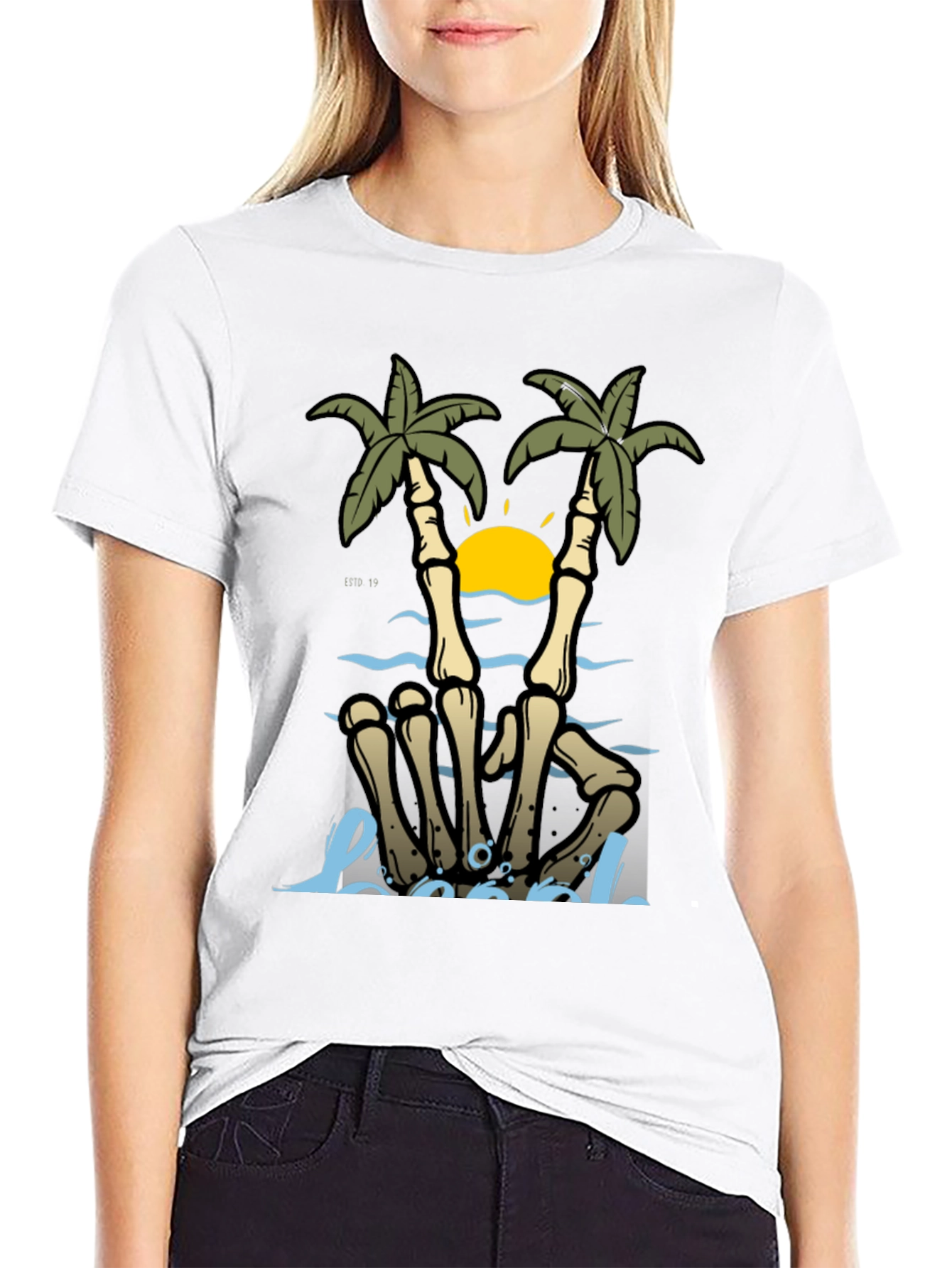 Skeleton Hands Palm Tree Beach Graphic T-Shirt