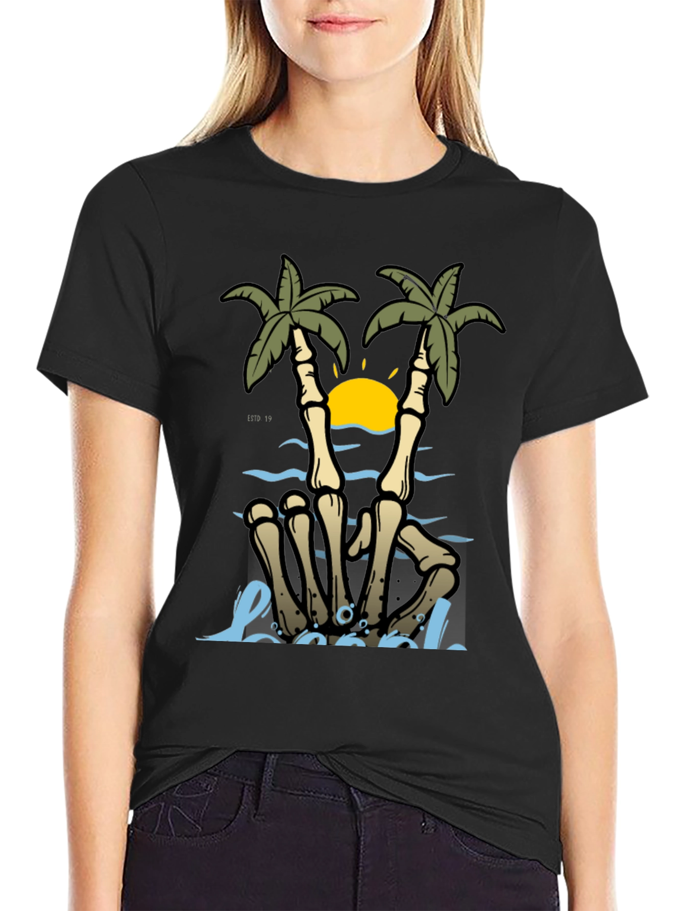 Skeleton Hands Palm Tree Beach Graphic T-Shirt