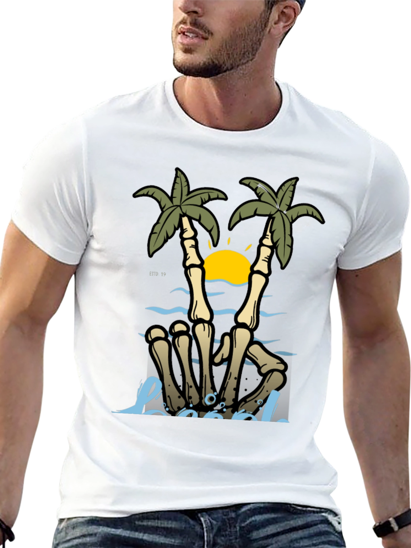 Skeleton Hands Palm Tree Beach Graphic T-Shirt
