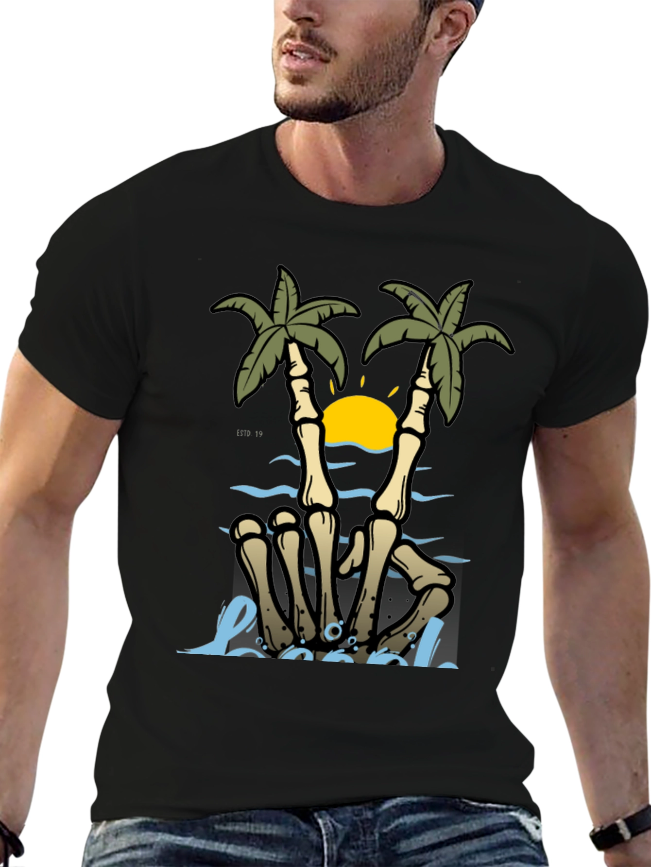 Skeleton Hands Palm Tree Beach Graphic T-Shirt
