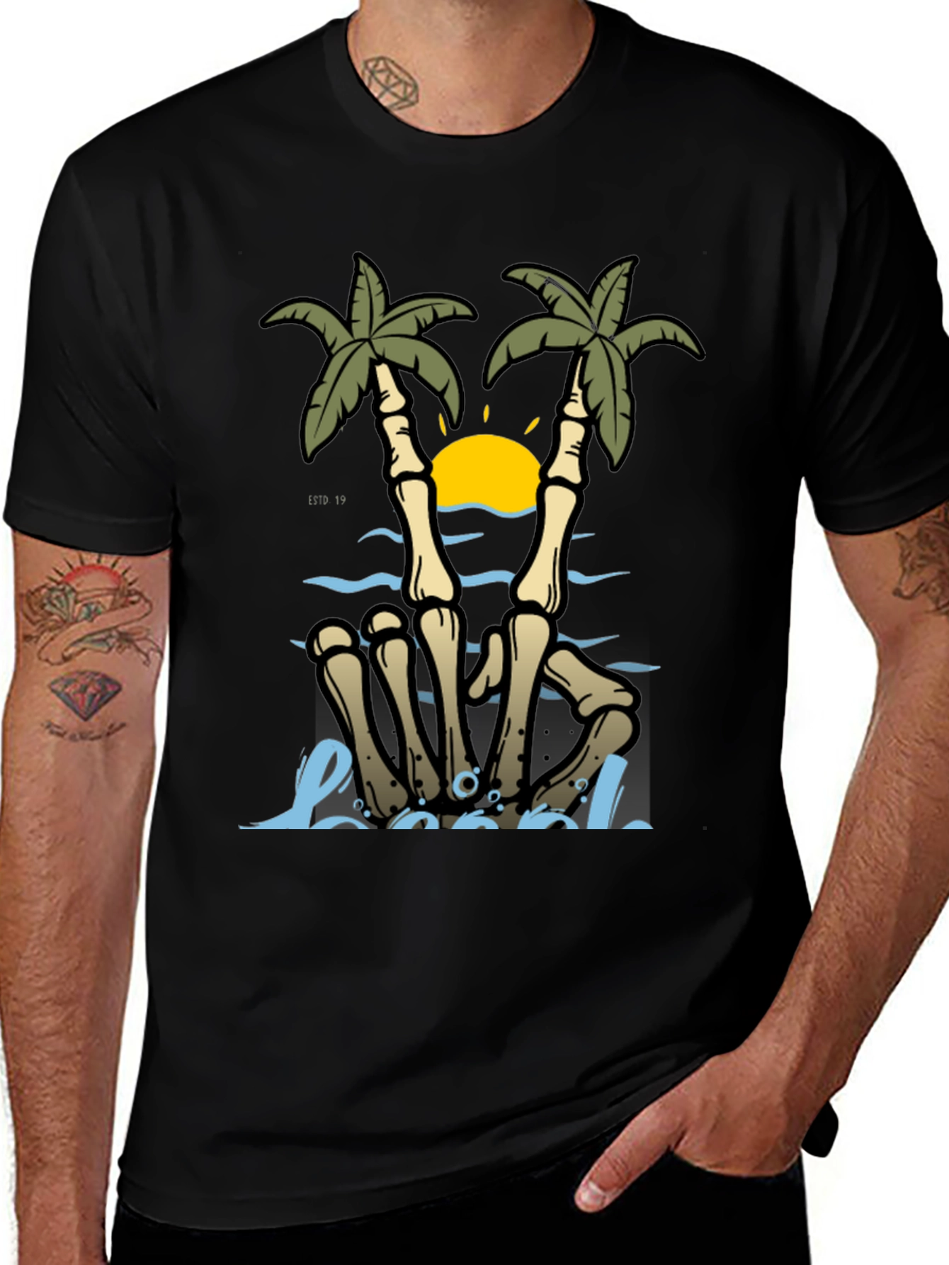 Skeleton Hands Palm Tree Beach Graphic T-Shirt