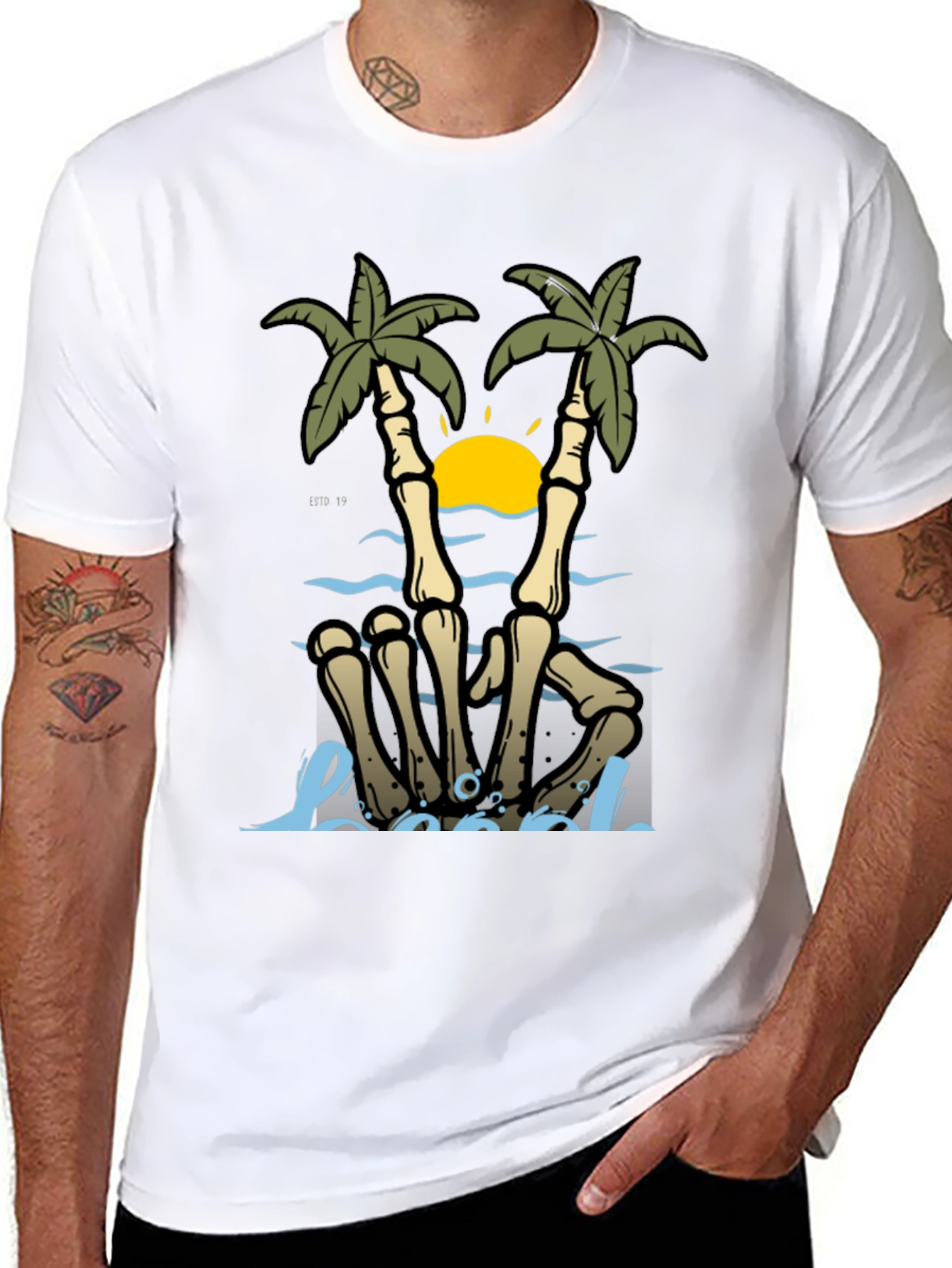 Skeleton Hands Palm Tree Beach Graphic T-Shirt