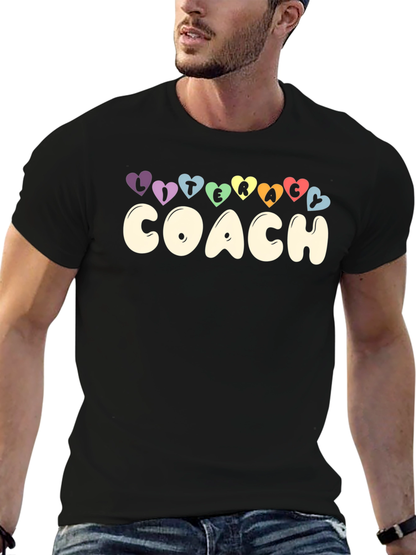 Literacy Coach Graphic Tee - Rainbow Hearts Black T-Shirt