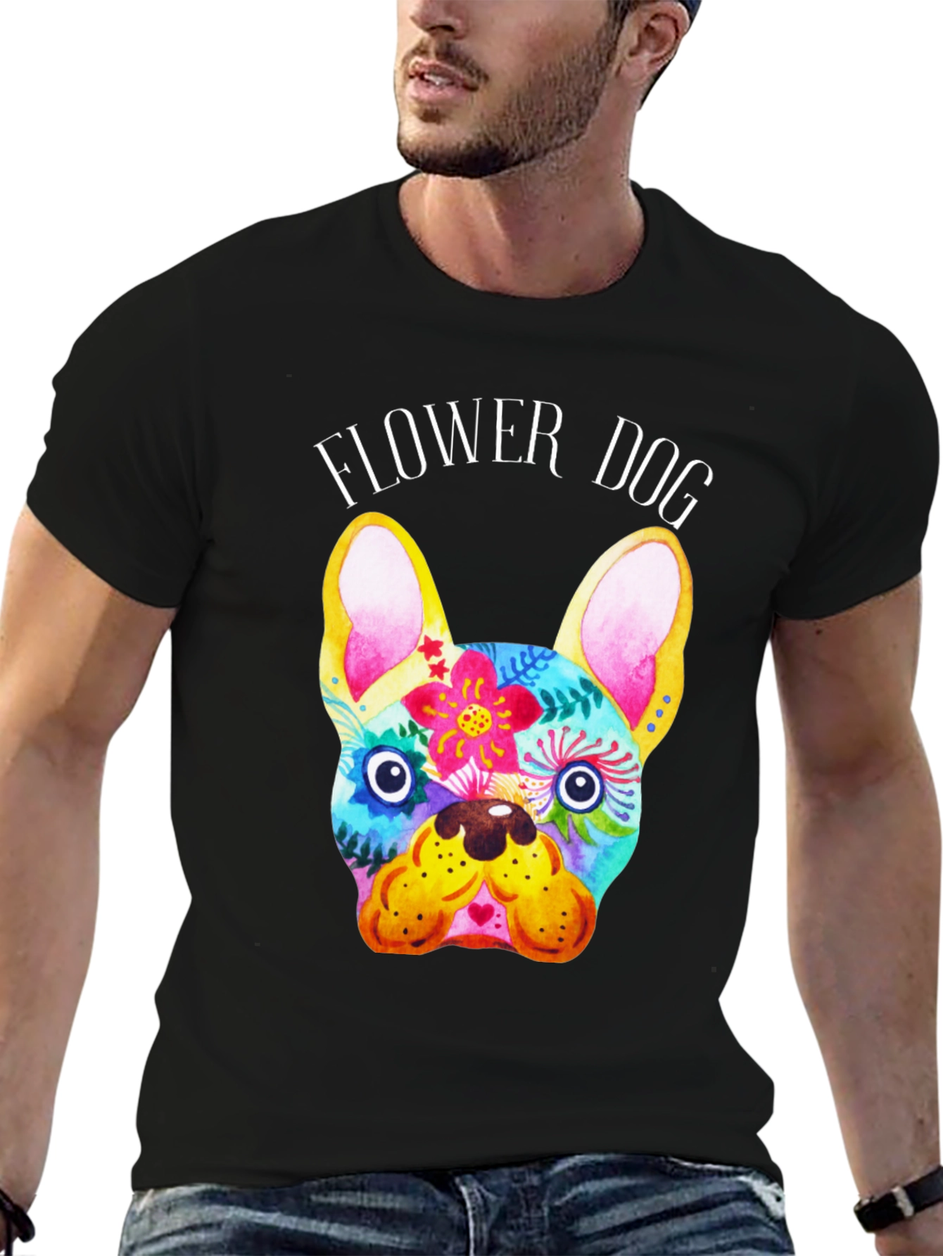 Flower Dog Graphic Tee - Stylish Bulldog Print