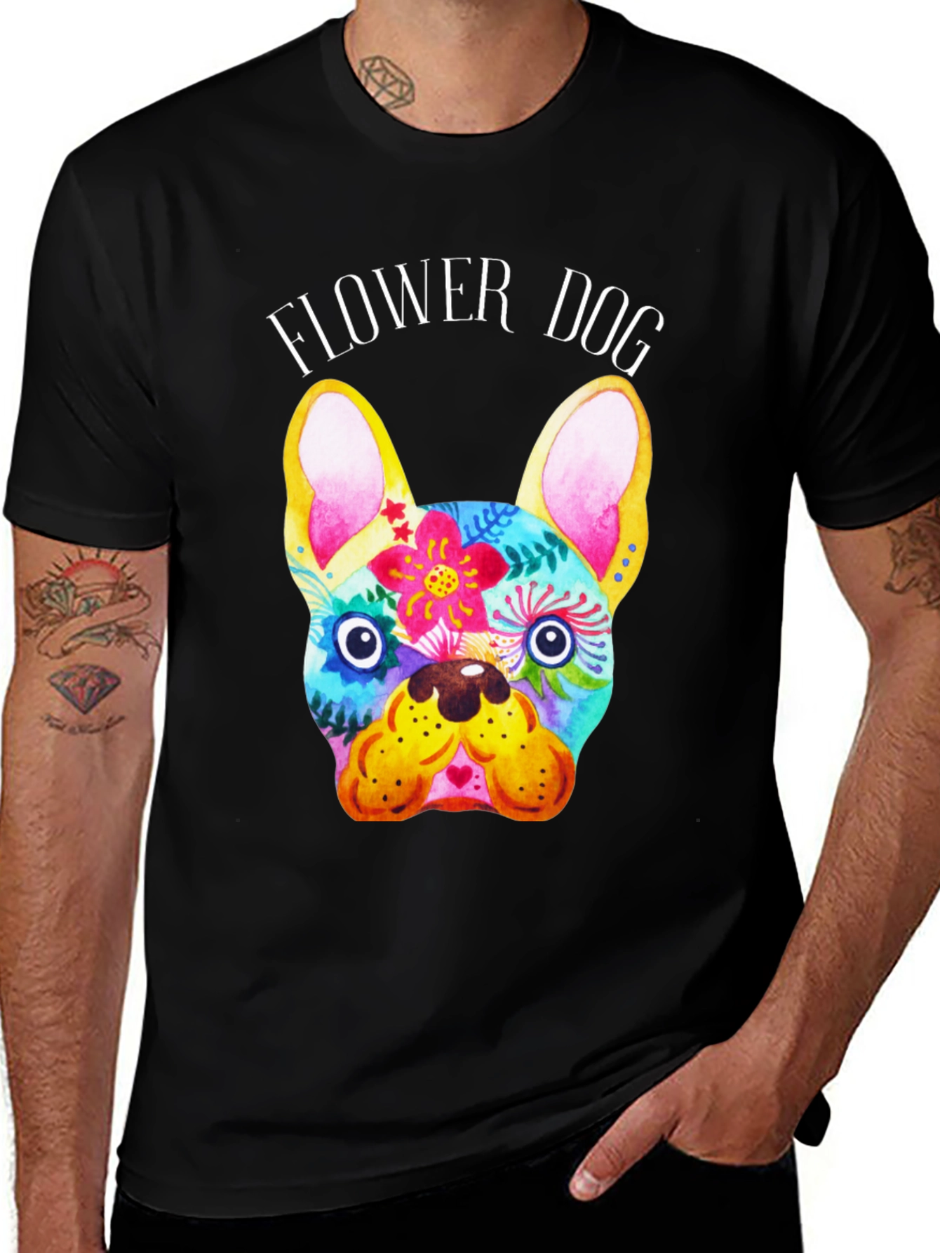 Flower Dog Graphic Tee - Stylish Bulldog Print