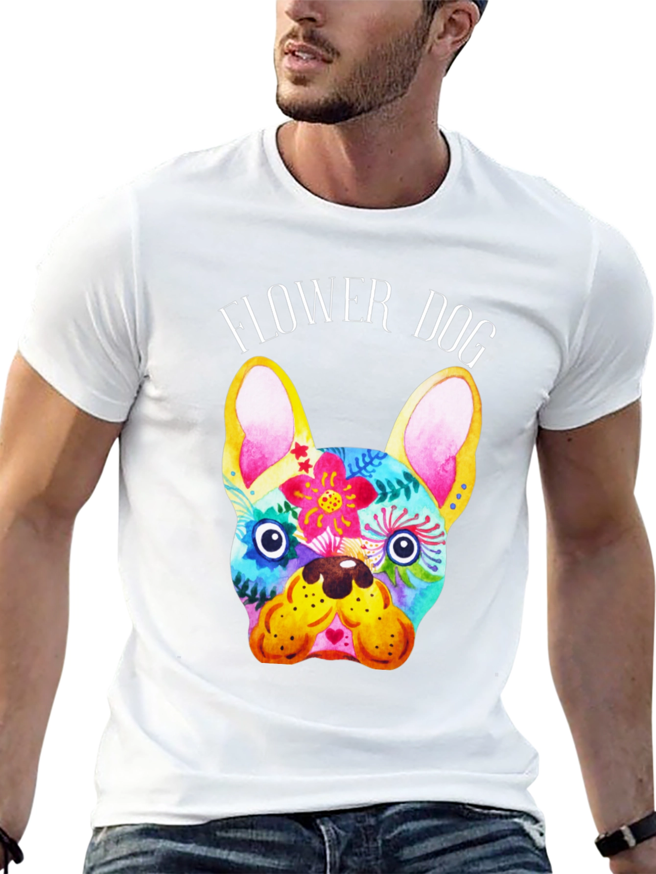Flower Dog Graphic Tee - Stylish Bulldog Print