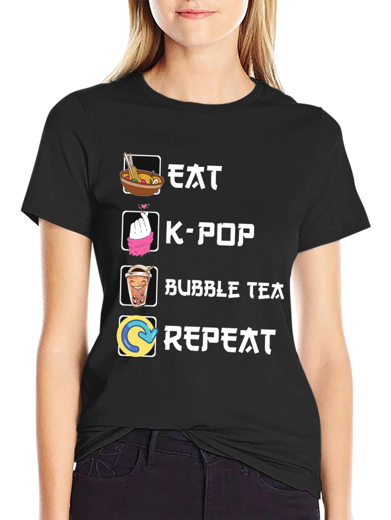 Eat K-Pop Bubble Tea Repeat Black T-Shirt