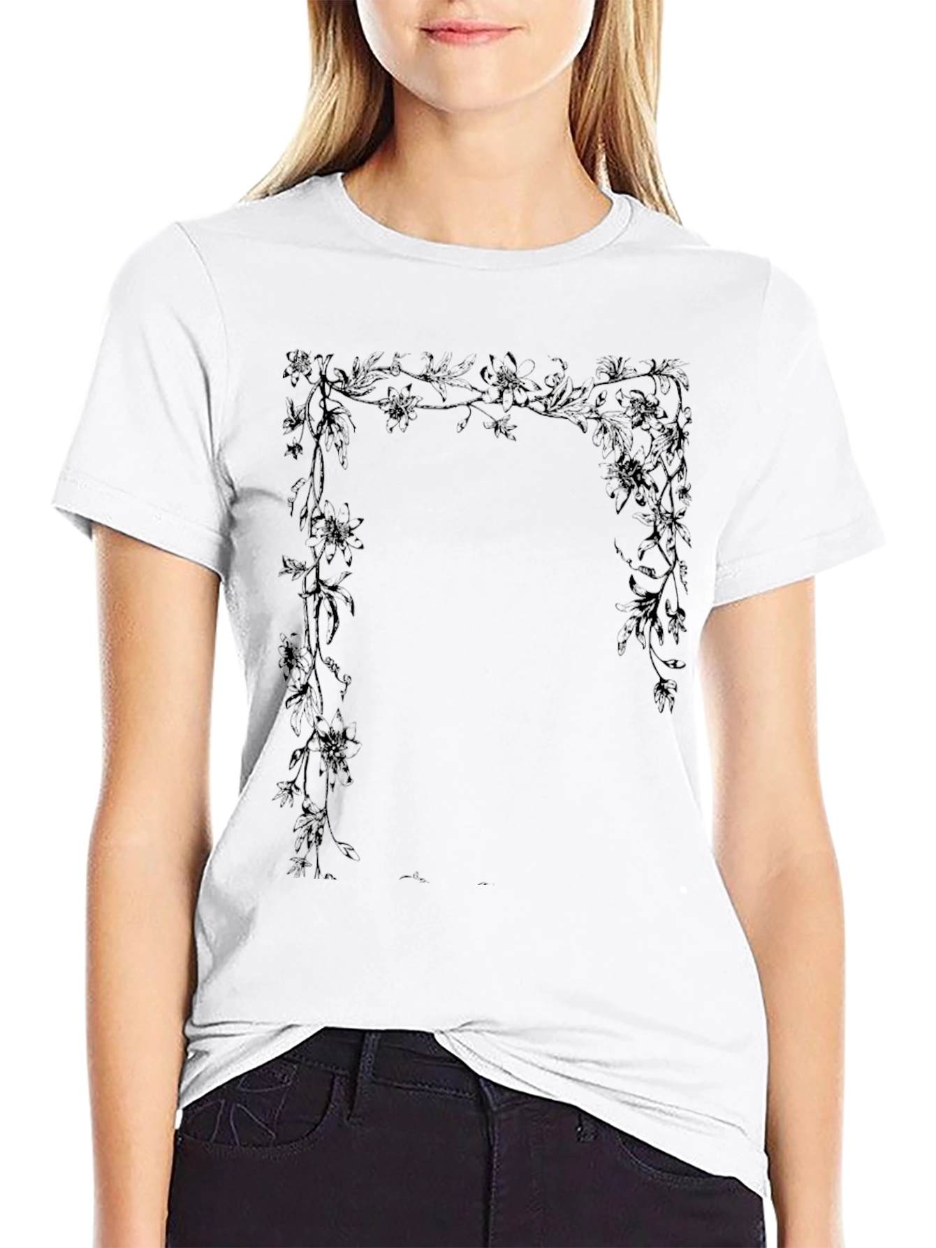 Floral Frame Graphic Tee - Stylish Black T-Shirt