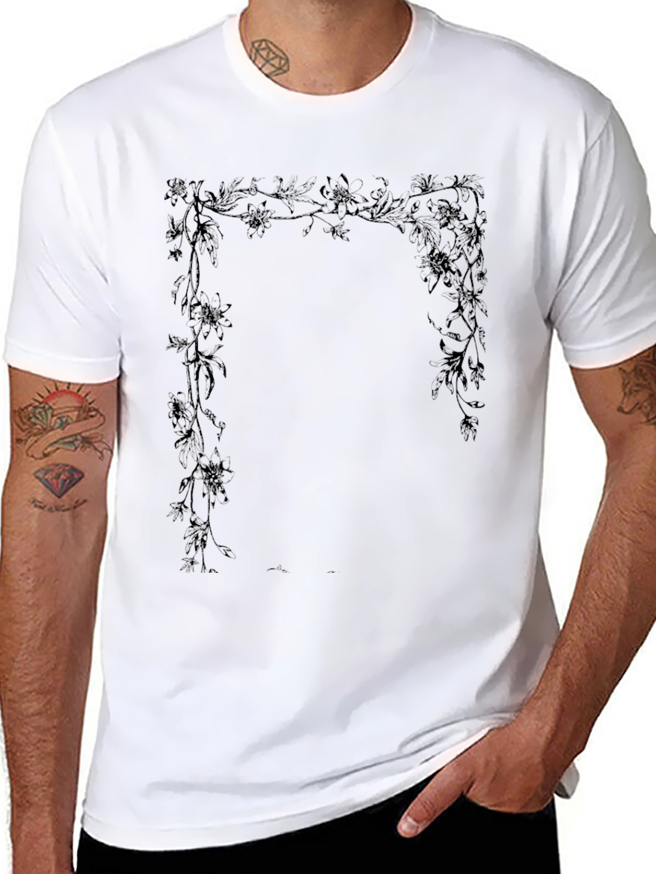 Floral Frame Graphic Tee - Stylish Black T-Shirt