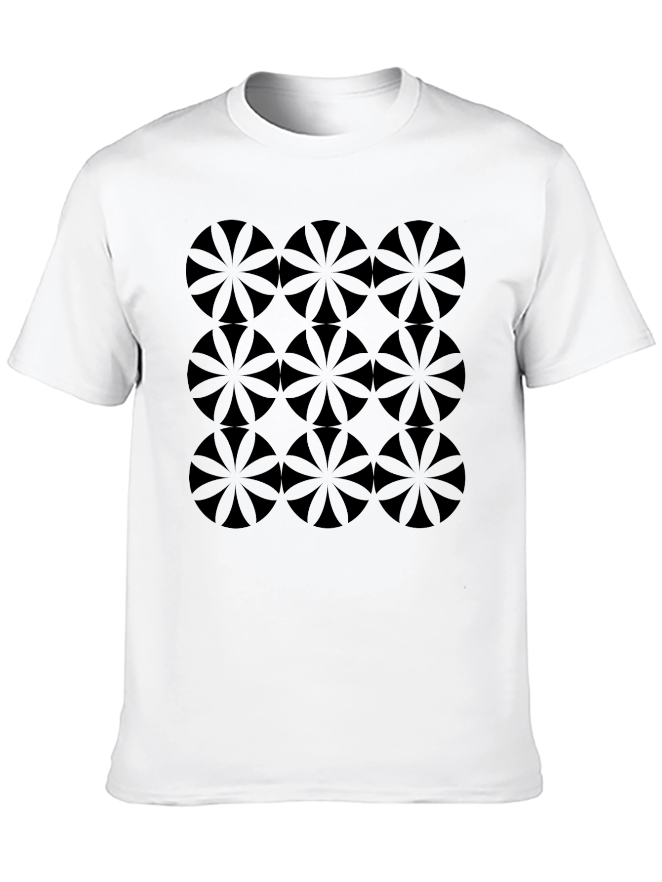 Geometric Flower Circle Pattern Black T-Shirt